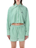 Calvin Klein Cropped Cotton Poplin Pajama Top Green White Stripe Shirt