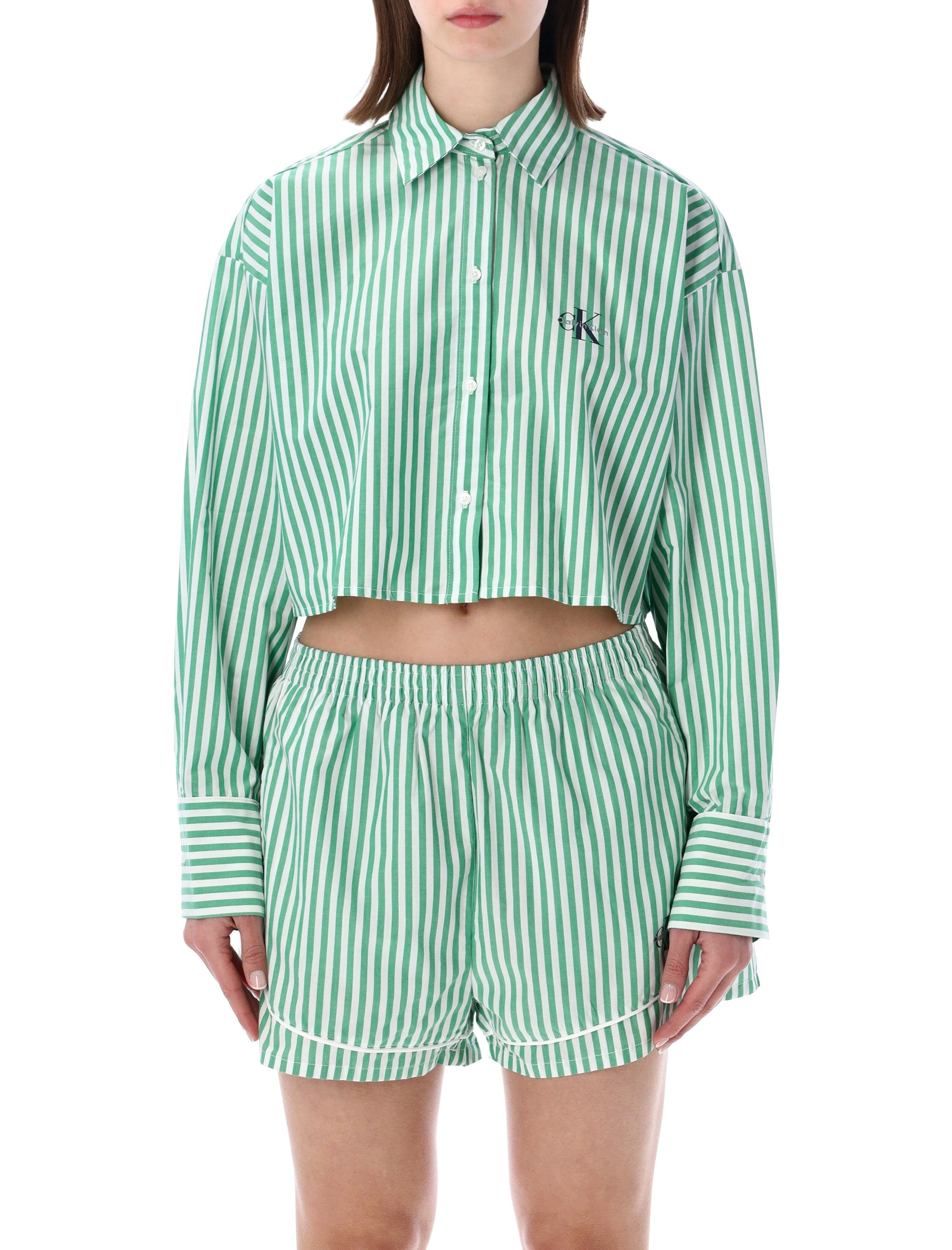 Calvin Klein Cropped Cotton Poplin Pajama Top Green White Stripe Shirt