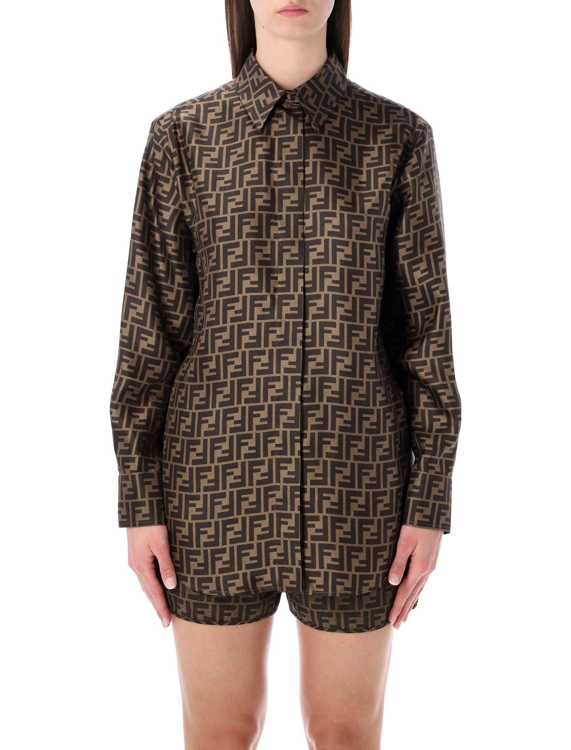 Fendi FF silk jacquard oversized shirt Tobacco