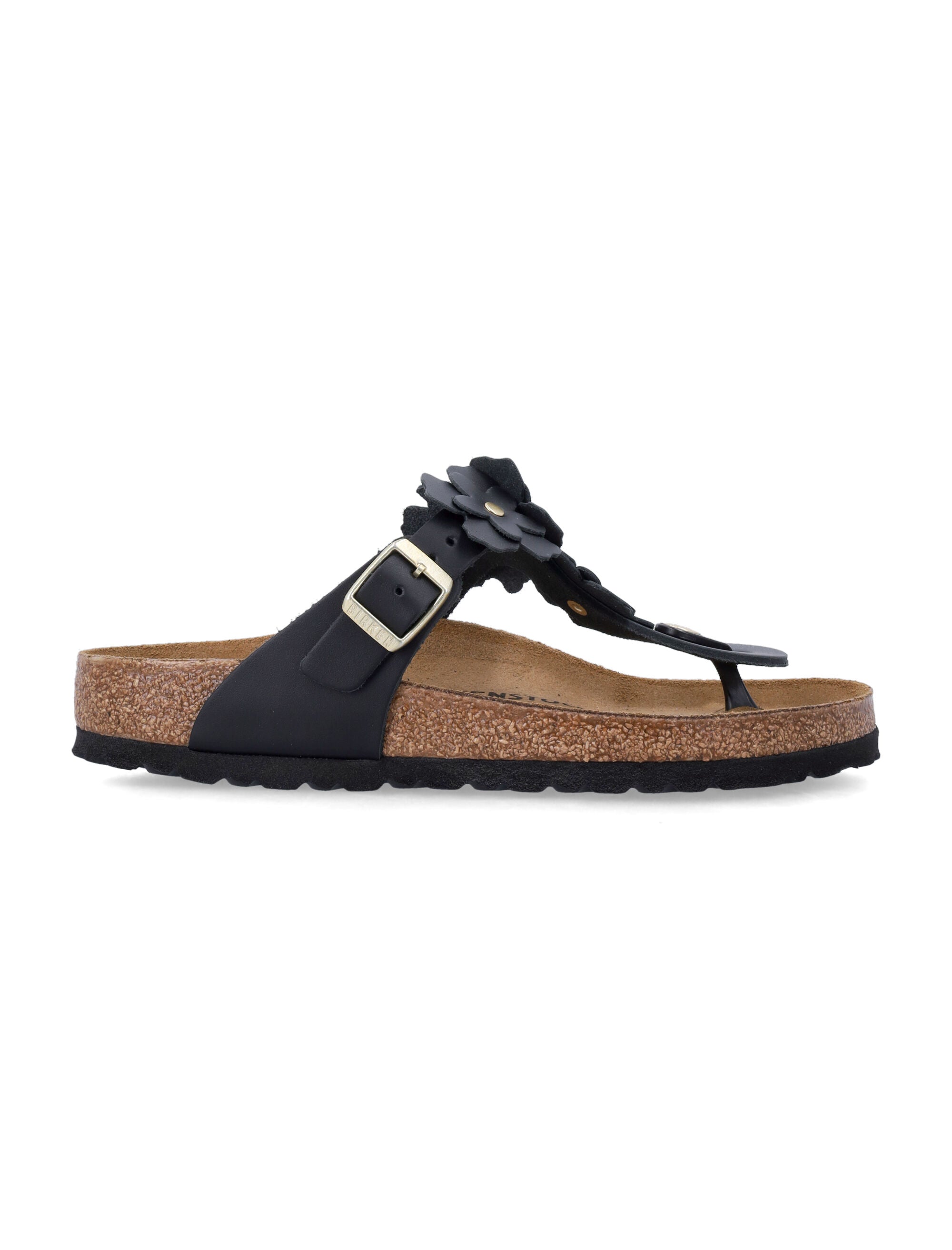 Birkestock Gizeh Black Leather Flower Sandals Upper