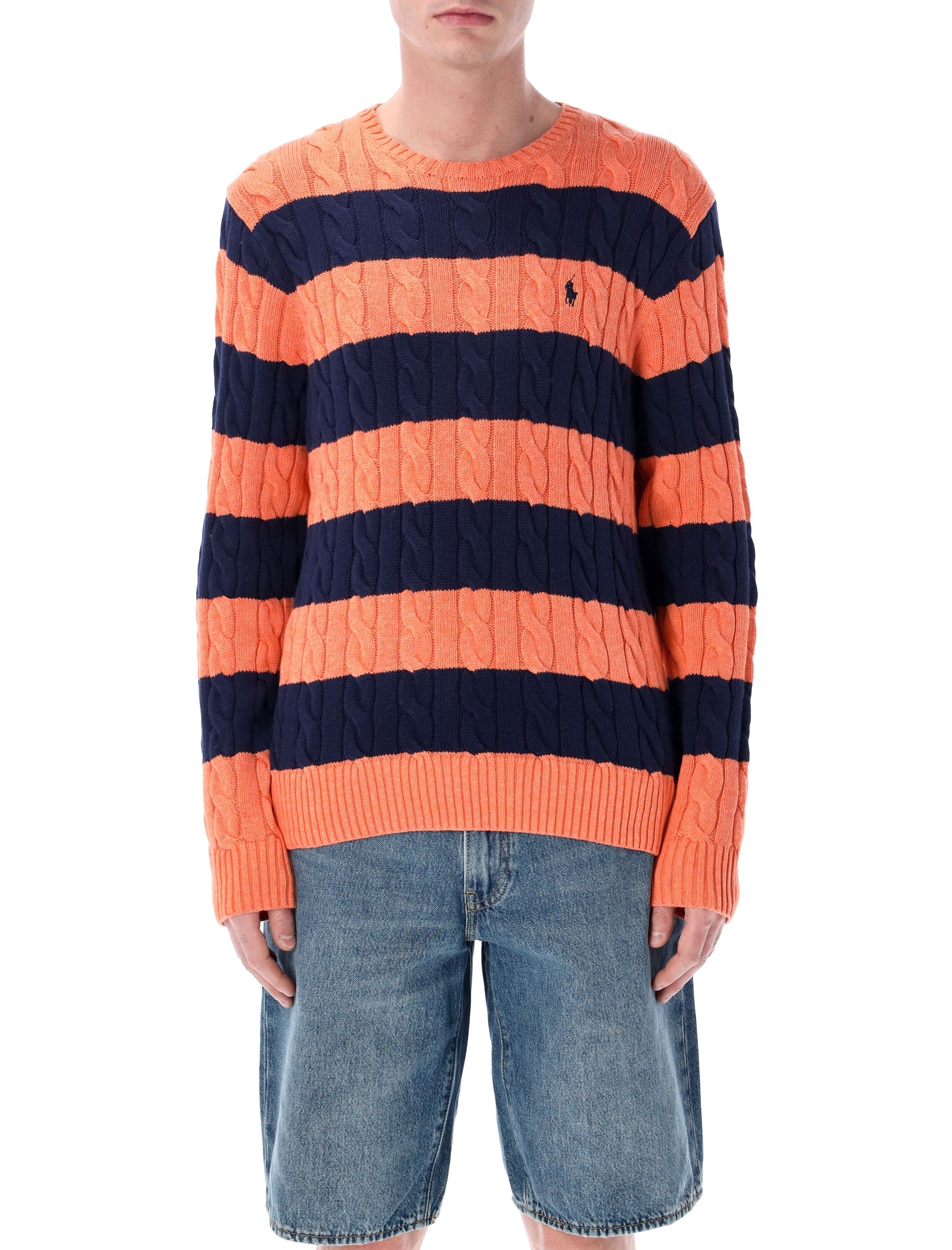 Polo Ralph Lauren striped cable knit sweater Orange Navy Cotton