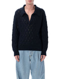 Dries Van Noten lace stitch polo sweater Navy Cotton