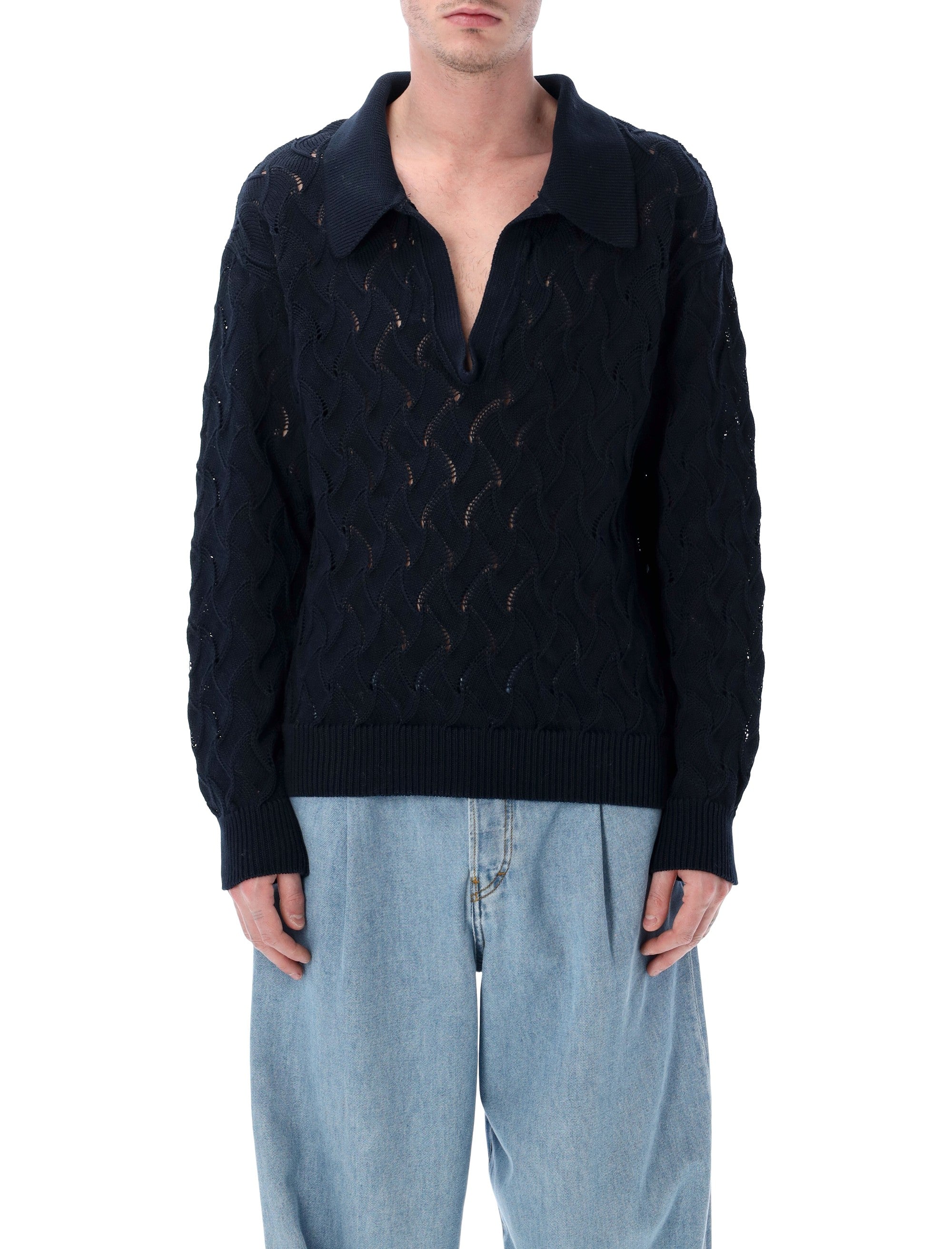 Dries Van Noten lace stitch polo sweater Navy Cotton