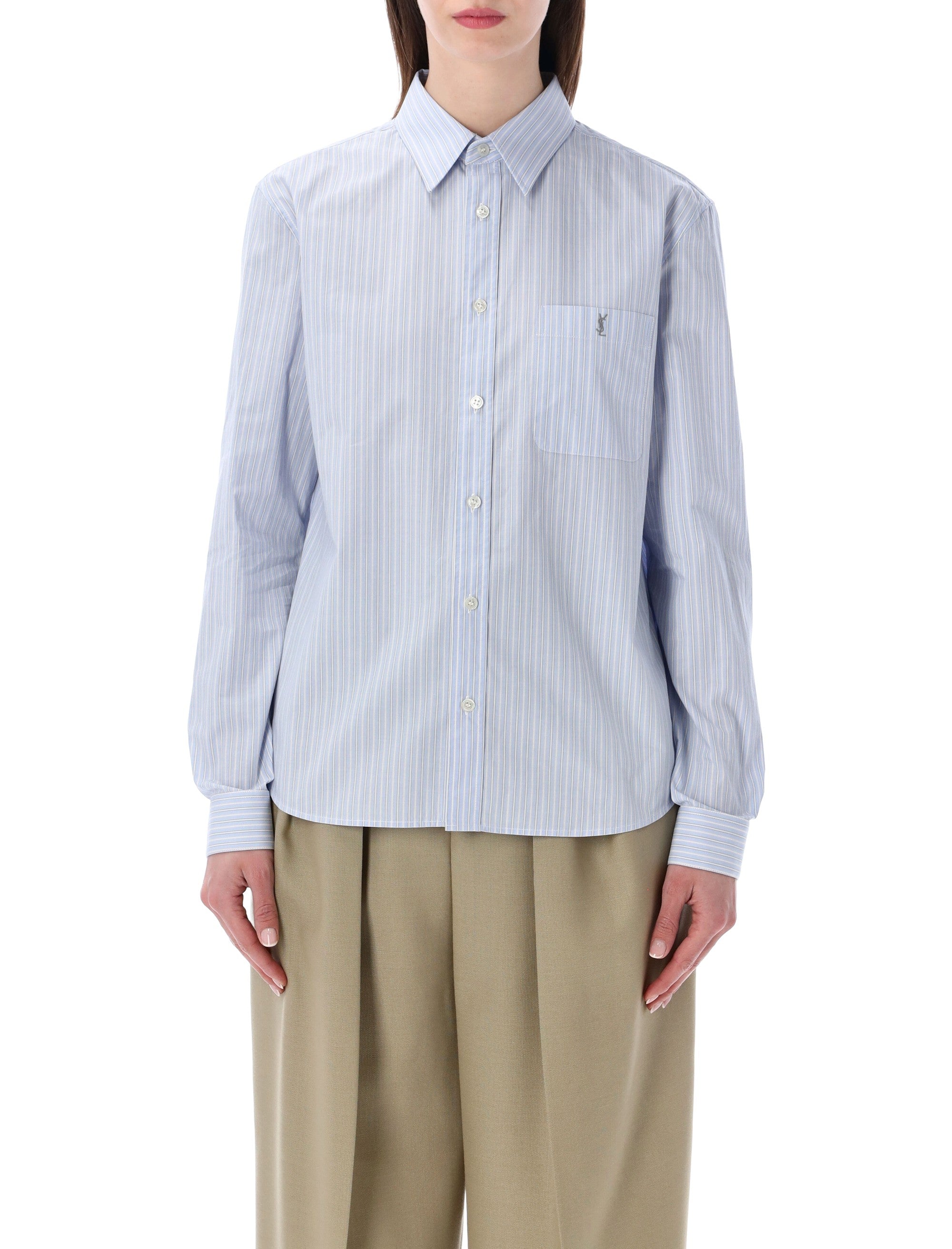 Saint Laurent Cassandre Striped Cotton Shirt Light Blue