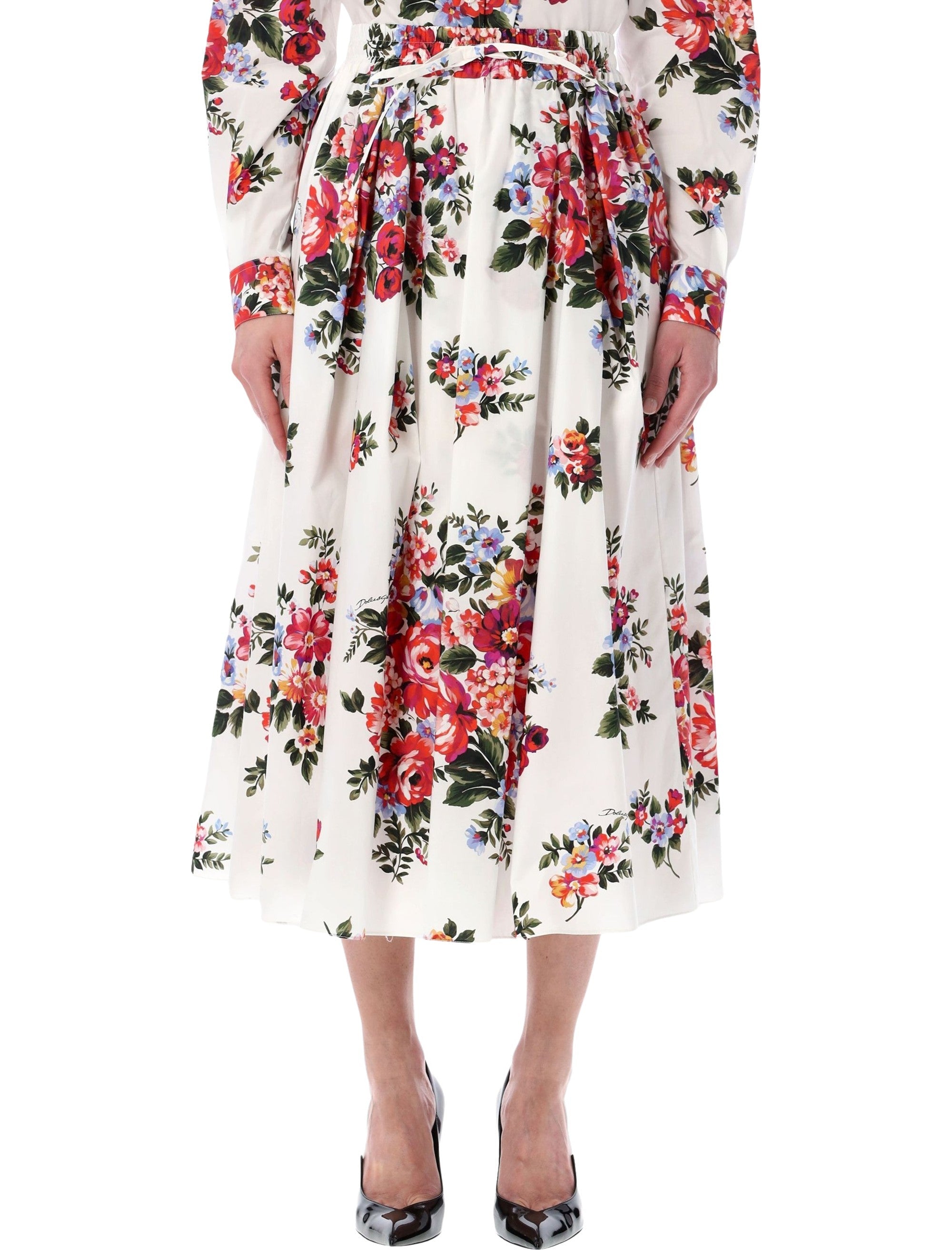 Dolce&gabbana Floral Poplin Midi Skirt White Multicolor Flowers Cotton