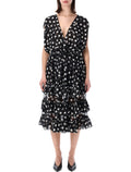 Dries Van Noten Polka Dot Ruffle Midi Dress Black Polyester