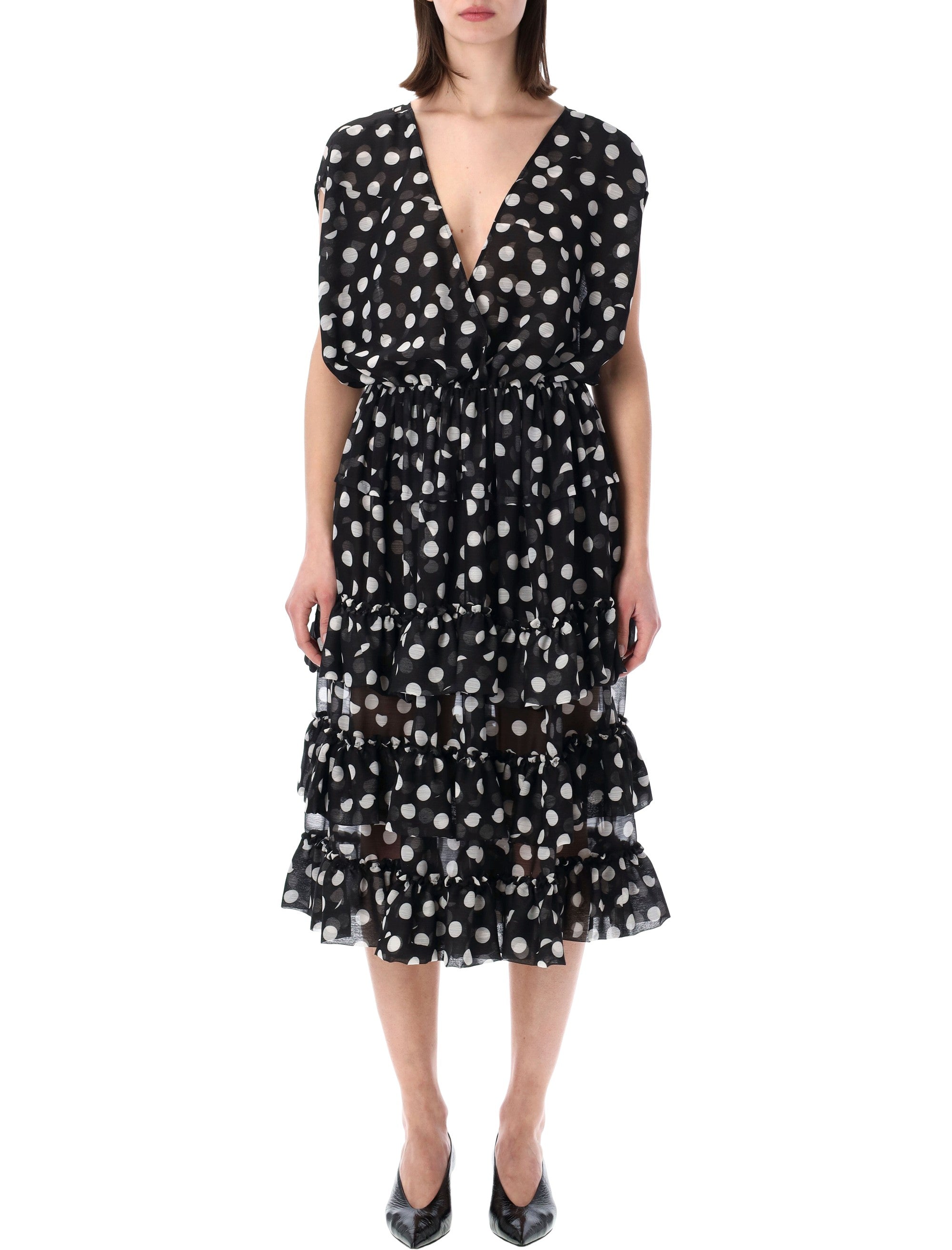 Dries Van Noten Polka Dot Ruffle Midi Dress Black Polyester