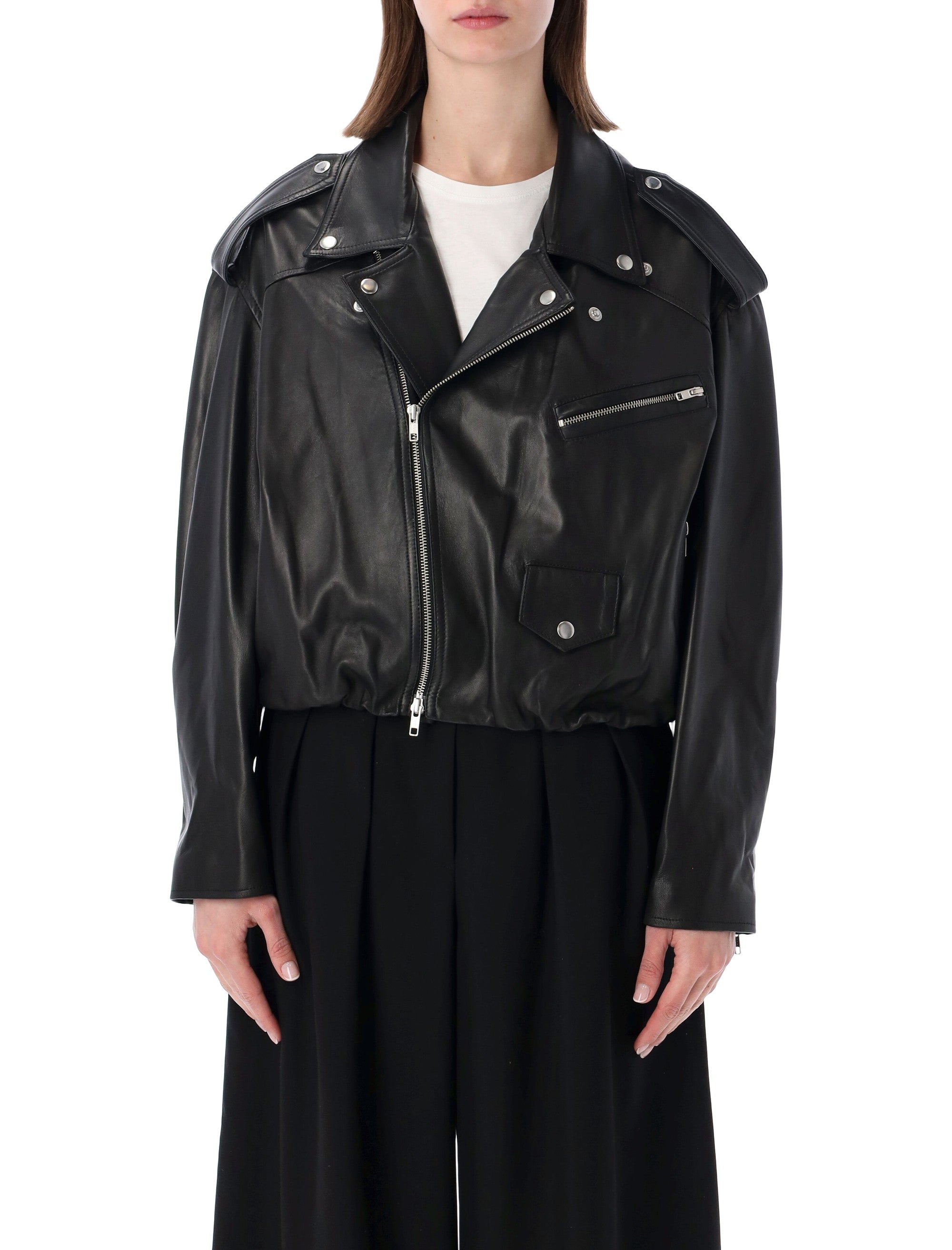 Sword elastic hem black leather jacket Ovine
