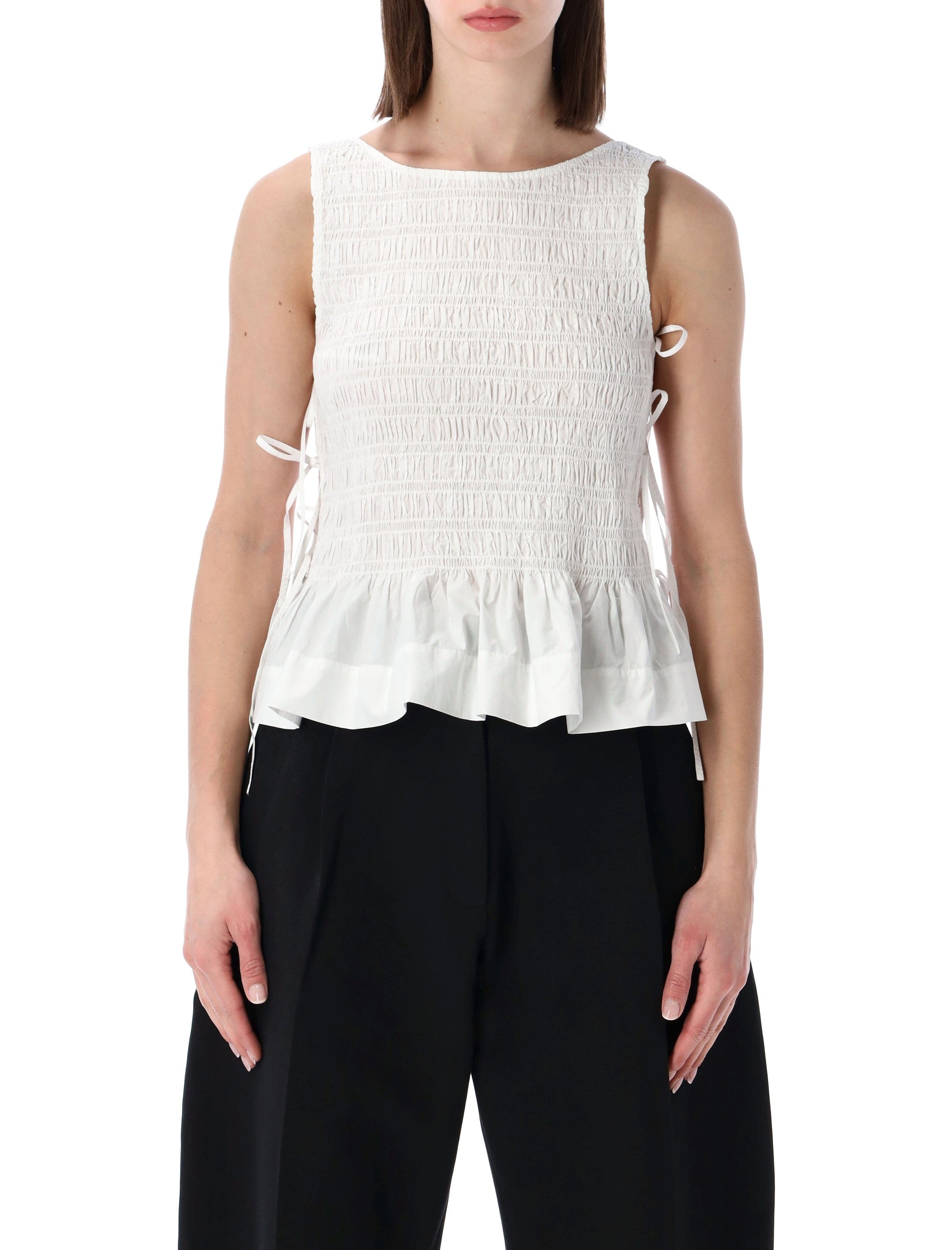 Ganni White Smock Tie Cotton Top Organic