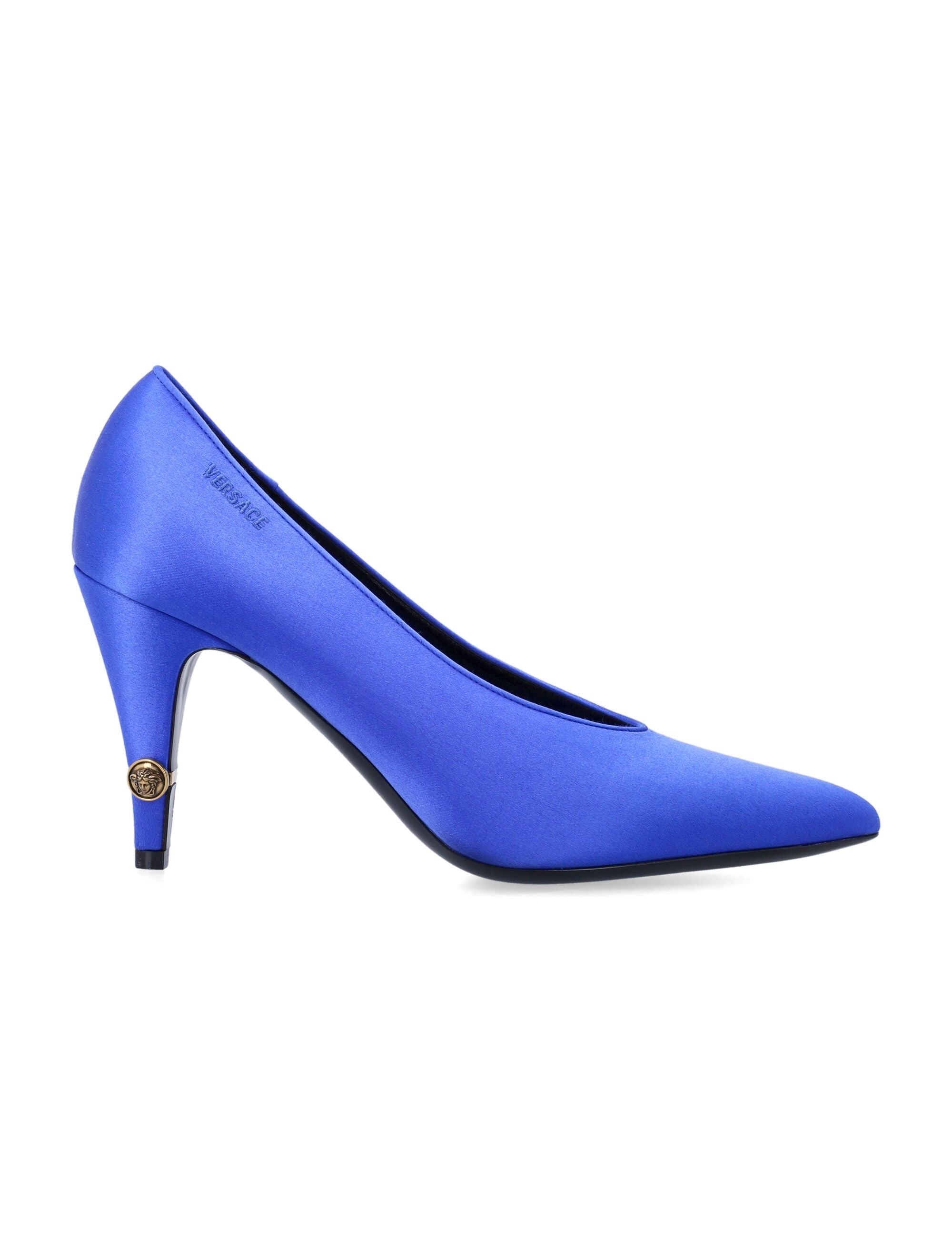 Versace Gianni satin pointed pumps Cobalt + Gold Upper