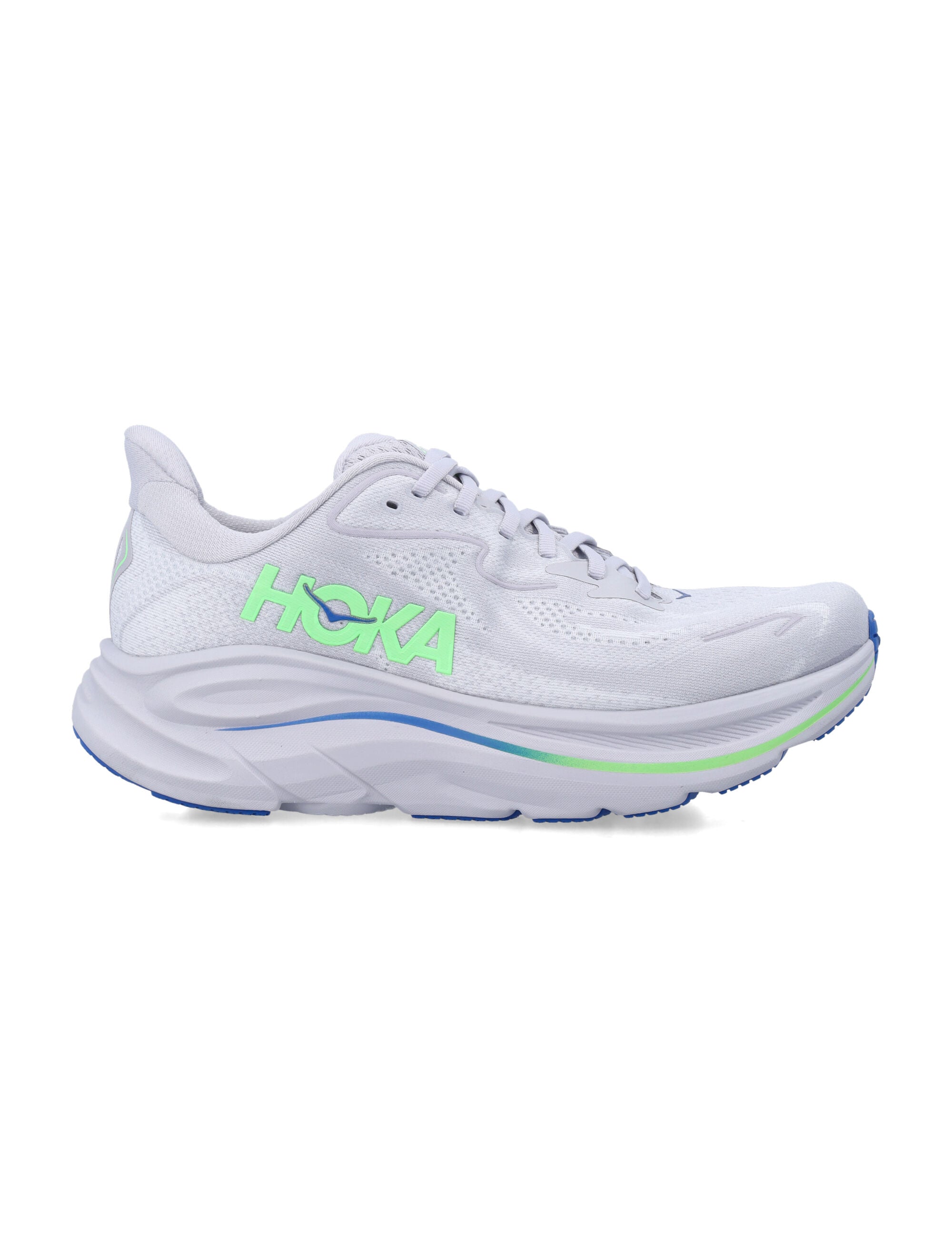 Hoka One Clifton 10 Running Shoes Ash Grey / Neon Green Fabric Sole Sneaker