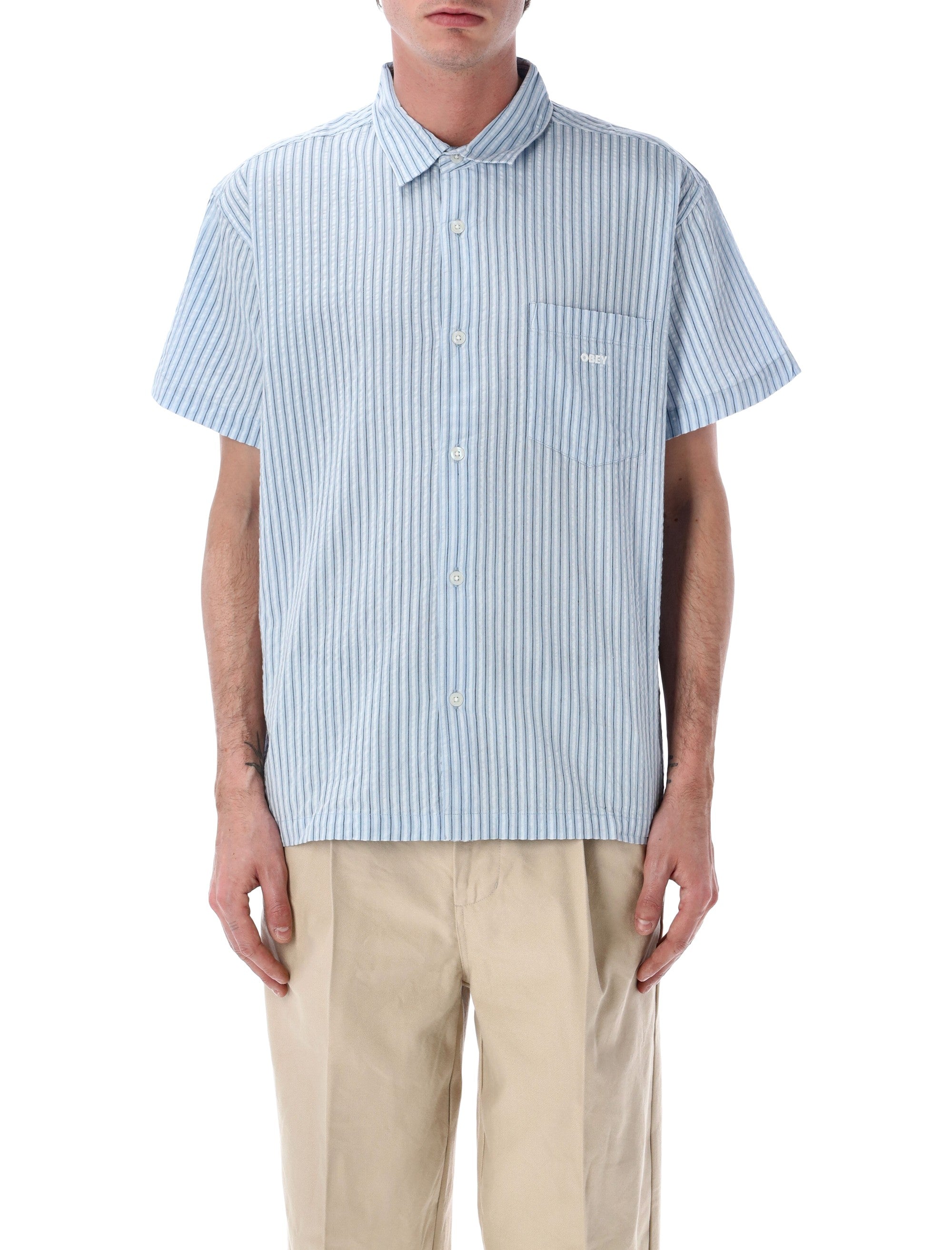 Obey Alan Stripe Seersucker Shirt Sky Blue Cotton