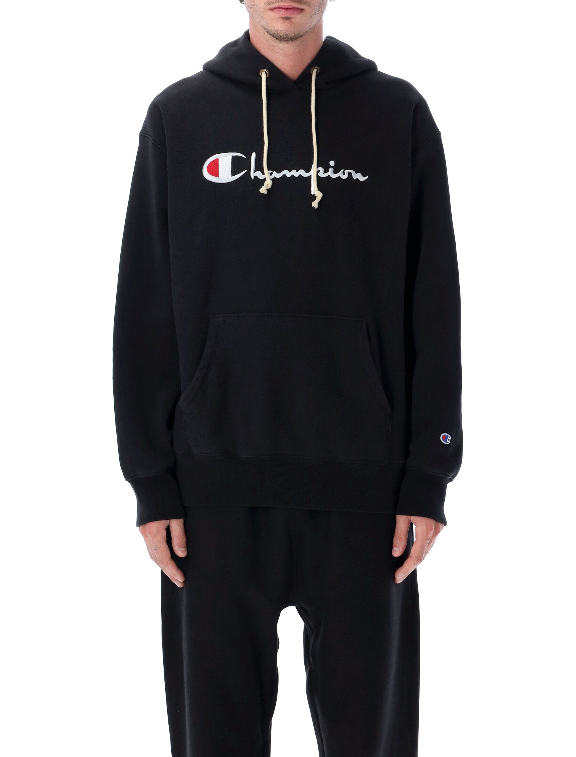 Champion Relaxed-Fit Hoodie With Logo Black Cotton Sweatshirt