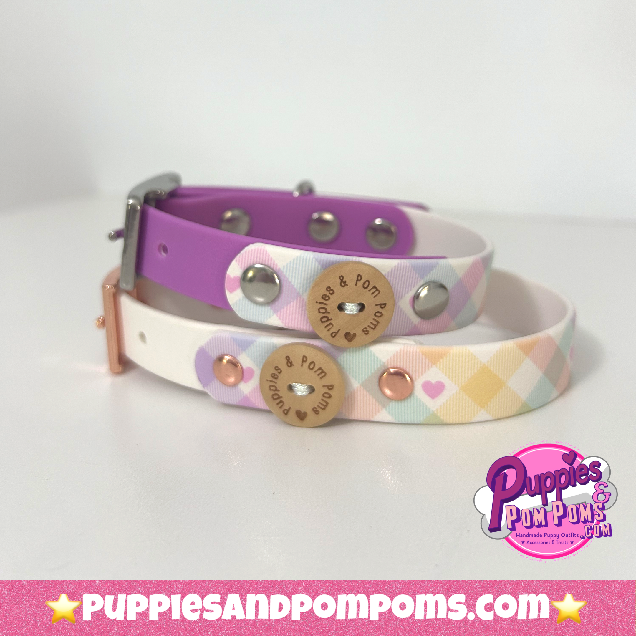Handmade Dog Collar - Pastel Vichy - White