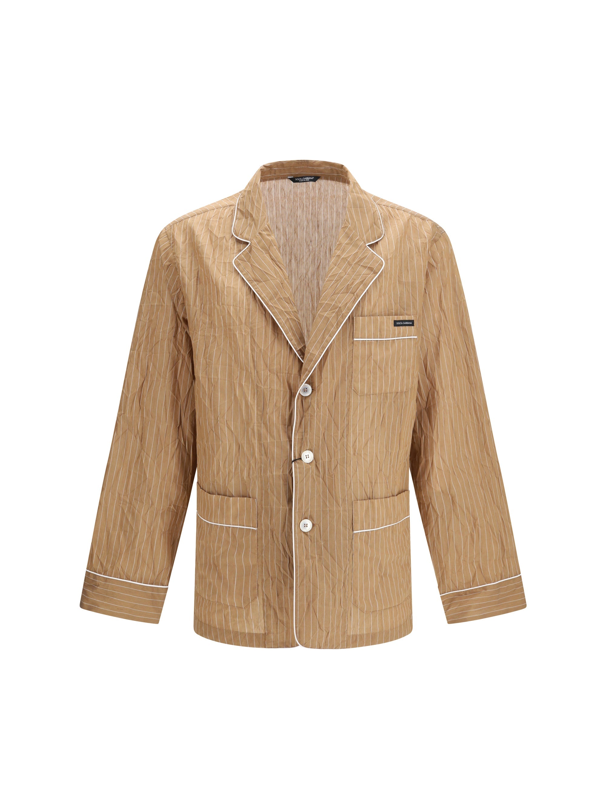 Dolce & Gabbana Froissé Striped Linen Blend Shirt — Beige