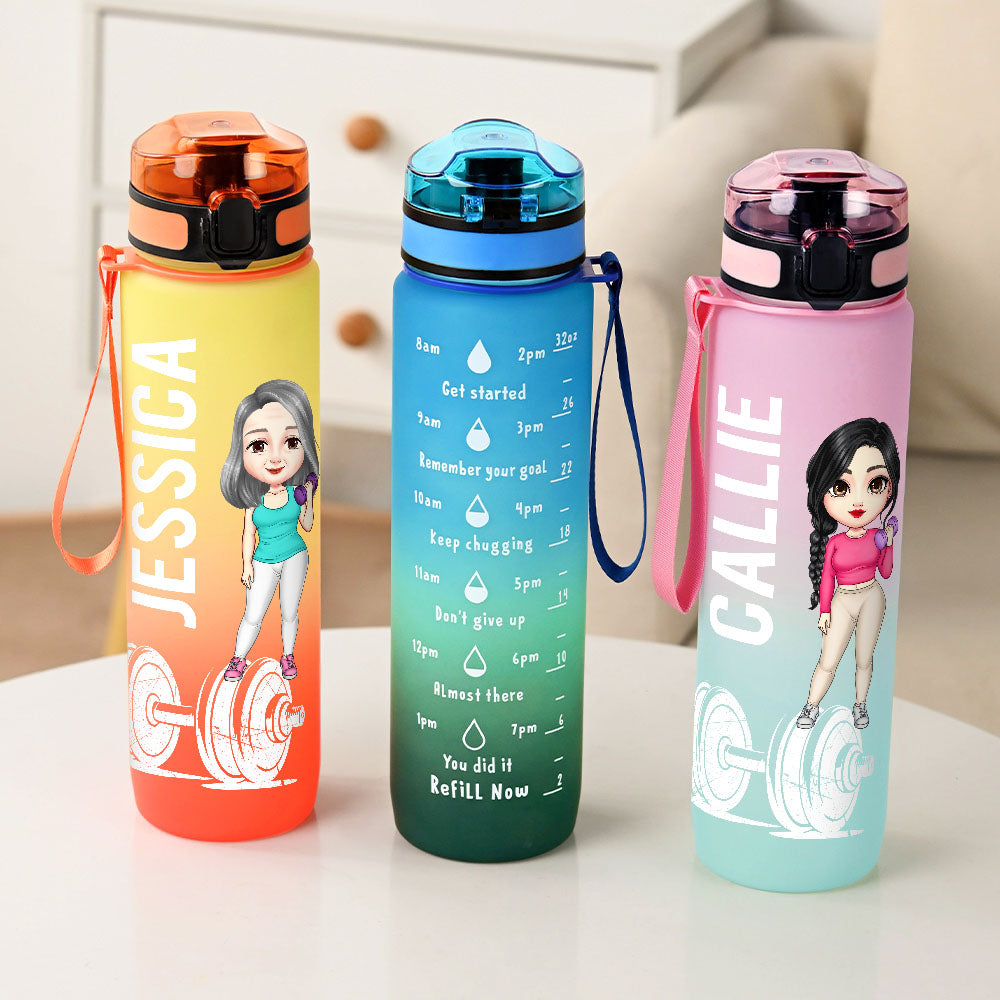 Personalizada de dibujos animados Fitness Nombre del personaje 32 oz Gradiente Botella de agua con marcador de tiempo Motivacional Cumpleaños Deportes Regalo para las mujeres amantes de la aptitud