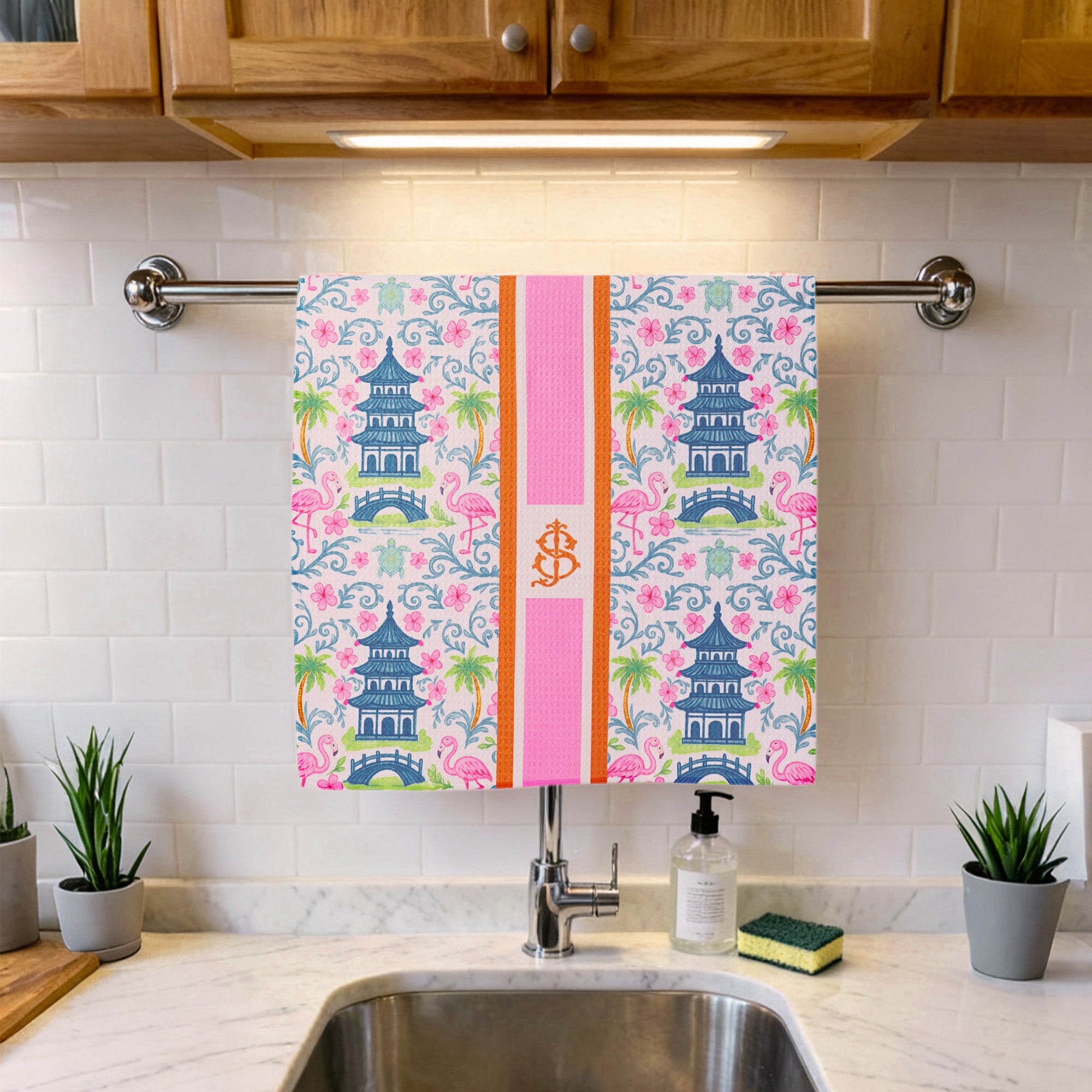 Toalla de Té Personalizada Pagoda Chinoiserie Suave Toalla Waffle Super Absorbente con Iniciales Decoración de Cocina Uso Diario Regalo de Bienvenida para Anfitrionas