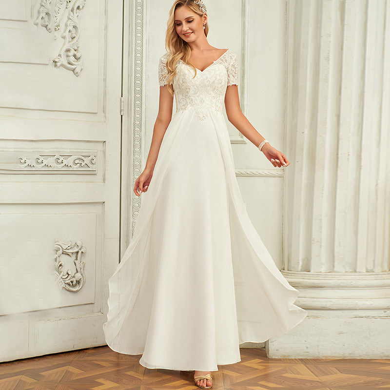 Bridal Wedding Dress Ivory Short Sleeve Long V-Neck A-line Chiffon
