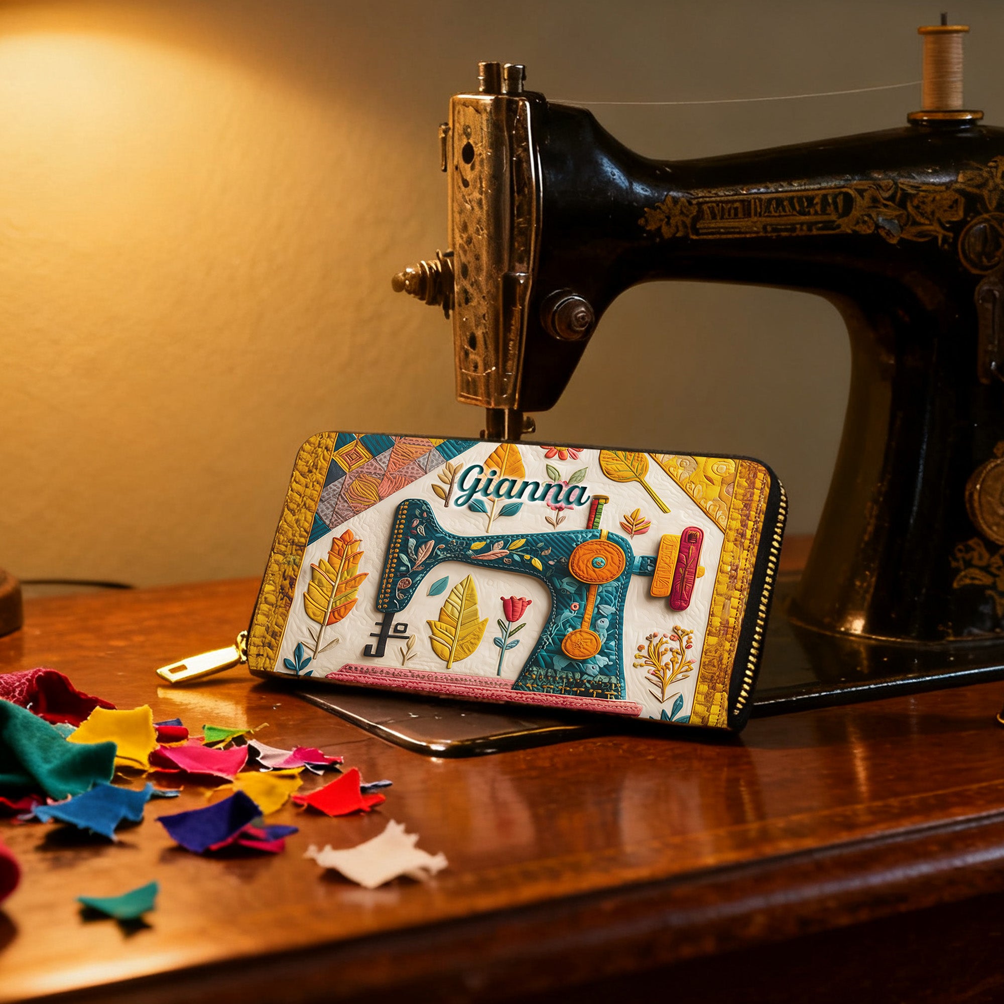 Personalizada Retro Máquina de Coser Nombre Grande Cartera de Mano con Múltiples Compartimentos y Cremallera de Metal Regalo de Cumpleaños Aniversario para Amante de la Costura
