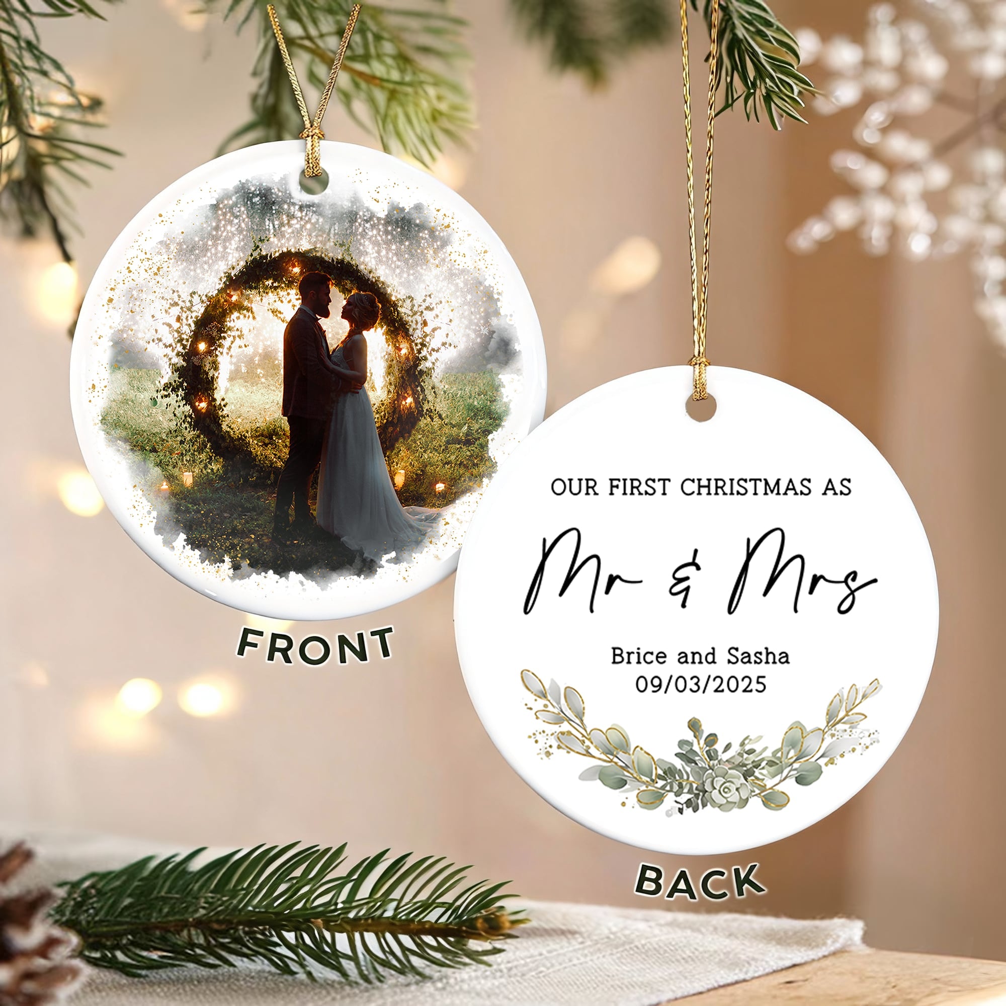 Personalizada Nuestra Primera Navidad Flor Foto Adorno de Cerámica con Texto y Fecha Decoración para el Hogar Regalo de Navidad para Parejas Recién Casados