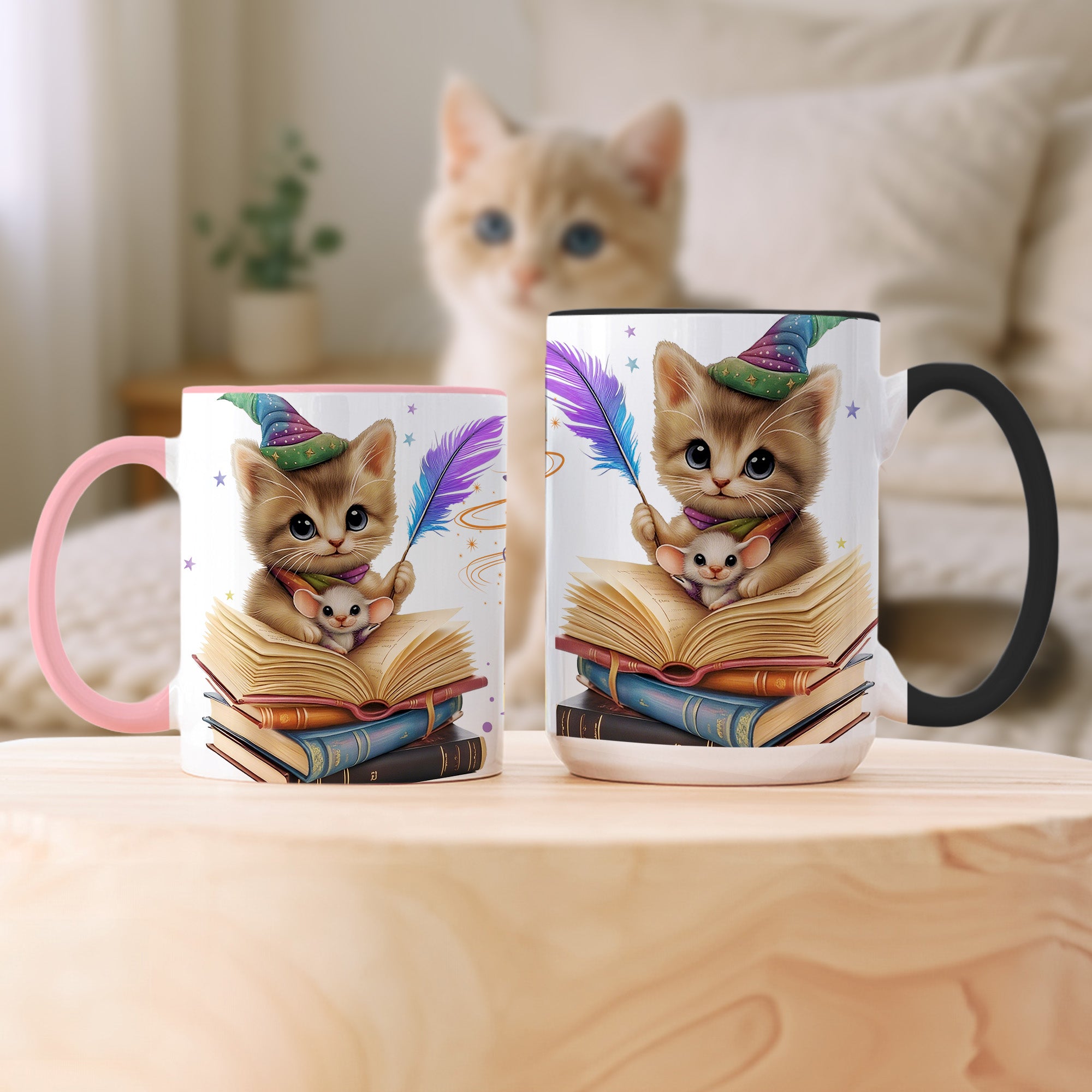 Taza de cerámica personalizada con nombre y posavasos Gato mágico 11 oz 15 oz Regalo de cumpleaños Aniversario para los amantes de los gatos Ratones de biblioteca