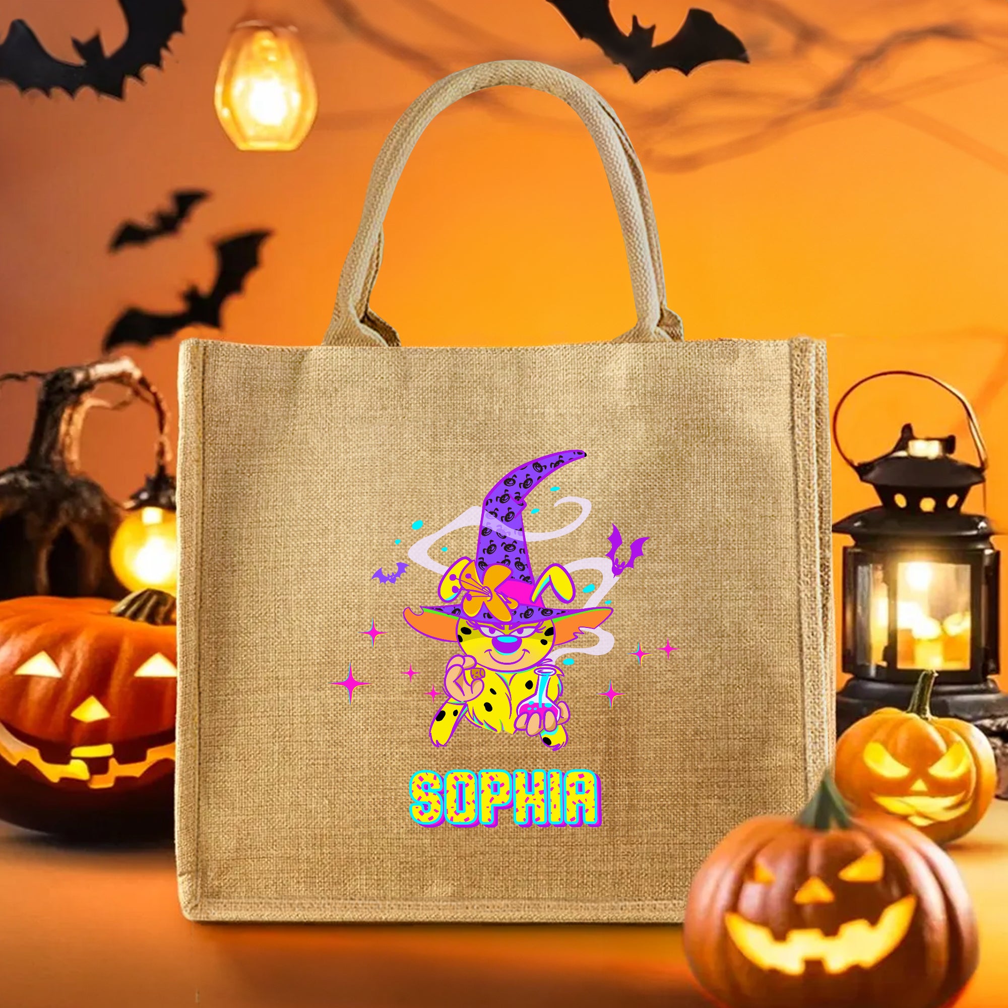Marsupilami de dibujos animados personalizado Bolsa de yute con nombre Actividad de Halloween Regalo para niños Niñas | Callie × Marsupilami®.