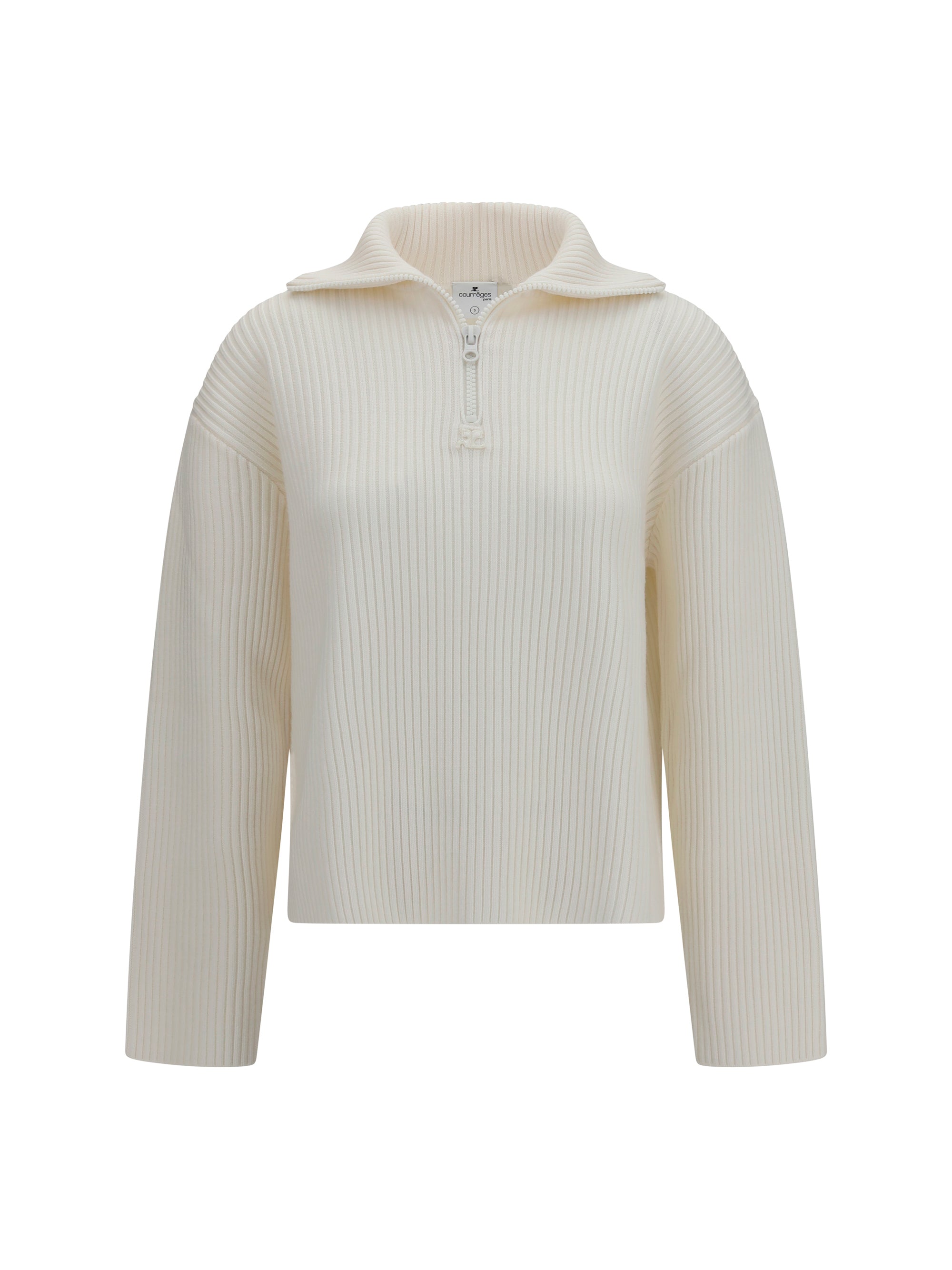CourrèGes Ribbed Zip Merino Wool Sweater — White
