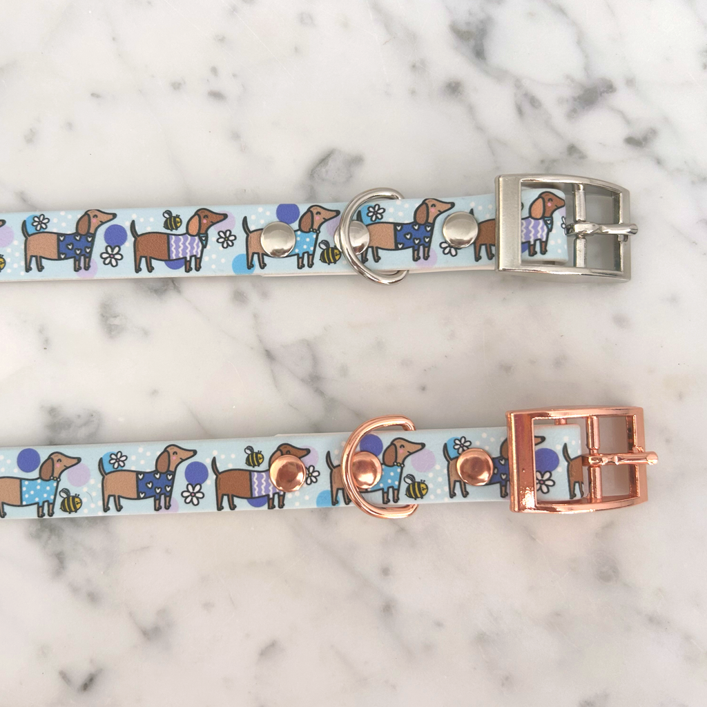 Bee Happy Dachshunds Blue Handmade Dog Collar