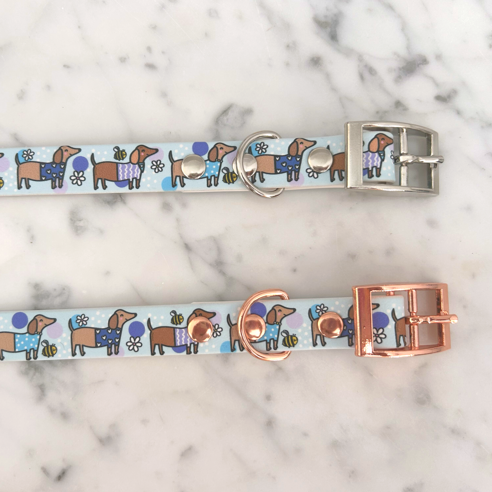 Bee Happy Dachshunds Blue Handmade Dog Collar