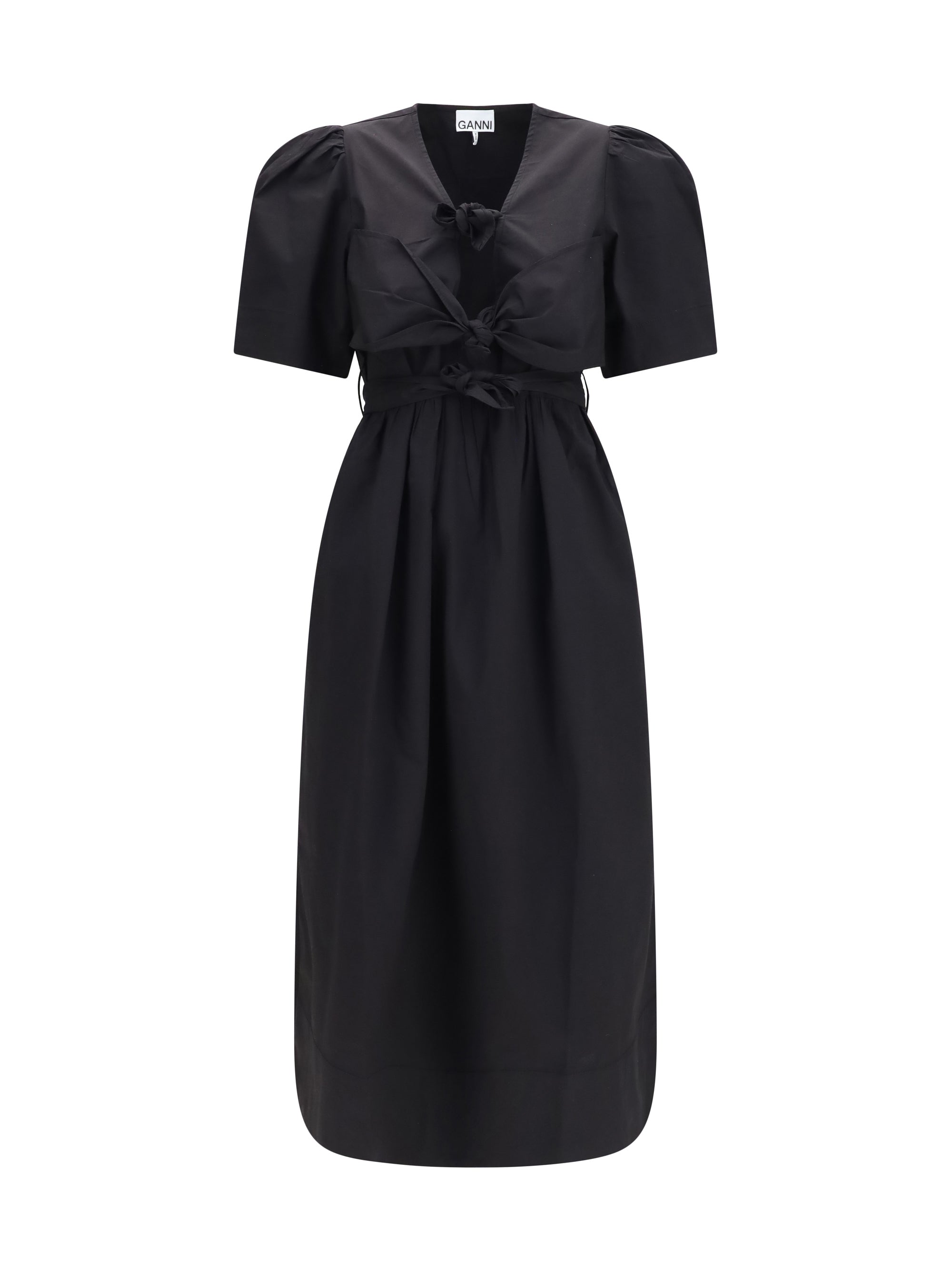 Ganni Puff-Shoulder A-Line Midi Dress — Black
