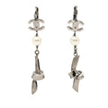 CC Brass Plated Faux Pearl Ribbon Knot Dangle Earrings