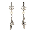 CC Brass Plated Faux Pearl Ribbon Knot Dangle Earrings