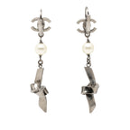 CC Brass Plated Faux Pearl Ribbon Knot Dangle Earrings