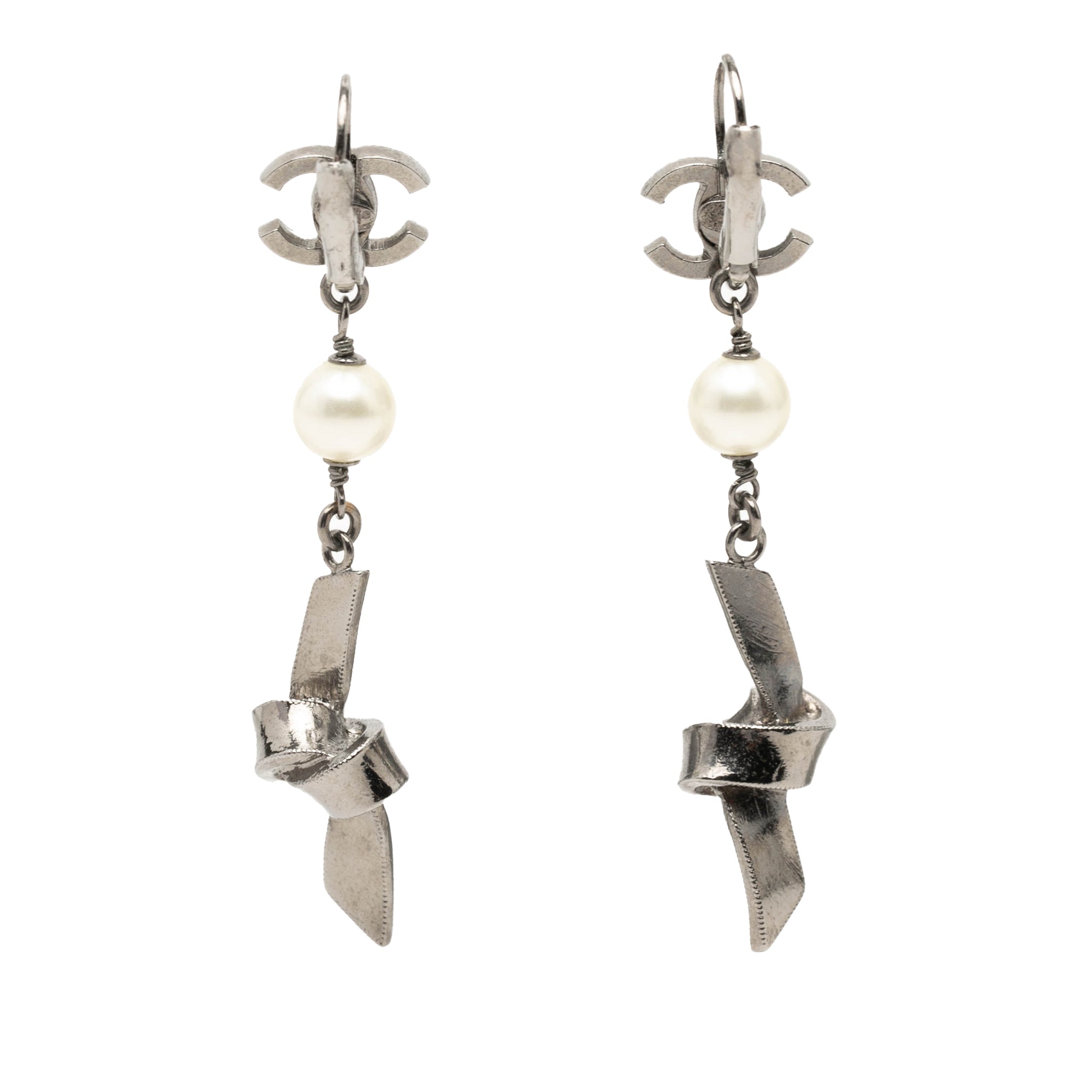 CC Brass Plated Faux Pearl Ribbon Knot Dangle Earrings