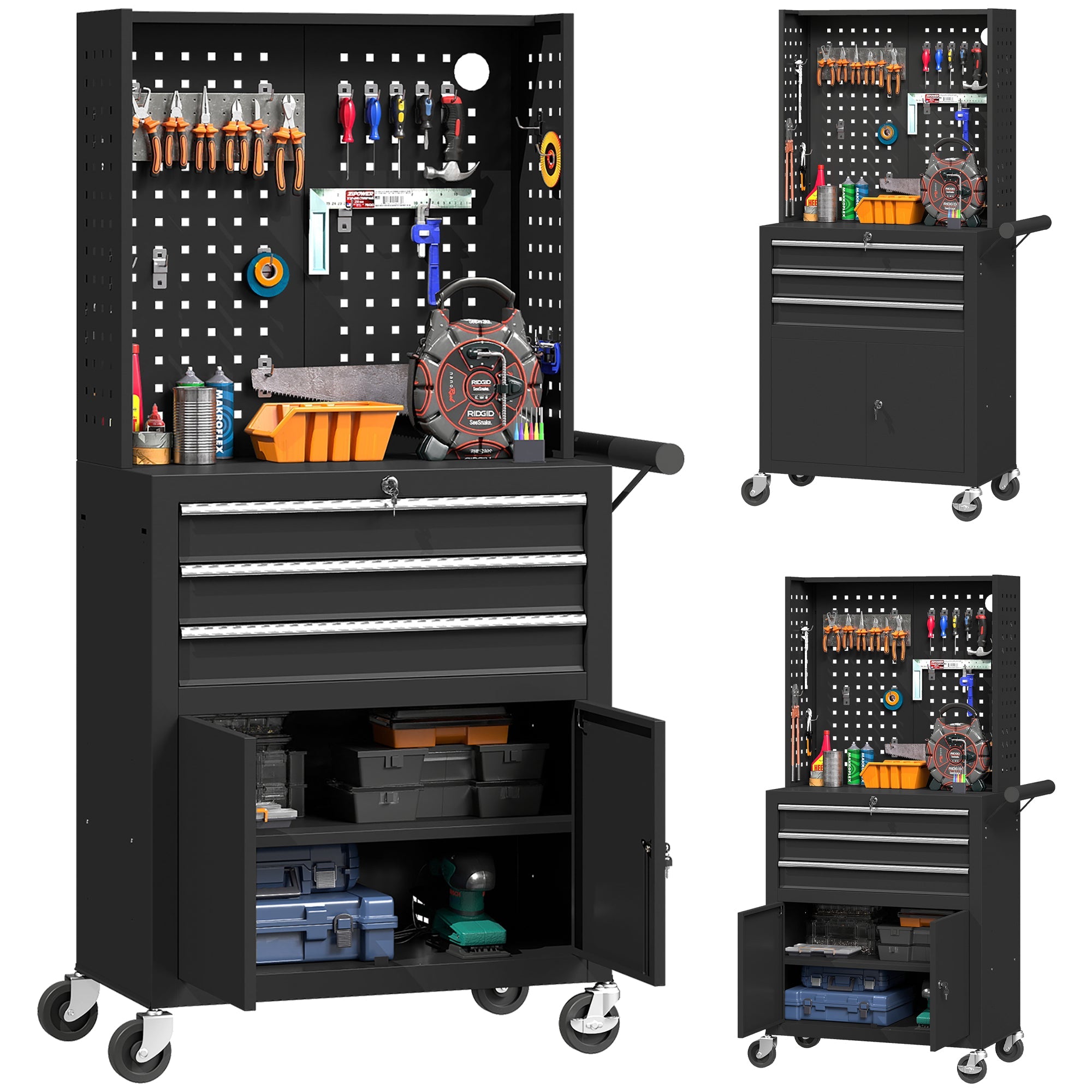 Rolling Tool Cabinet with Pegboard & Lock, 3 Drawers, Adjustable Shelf, Black