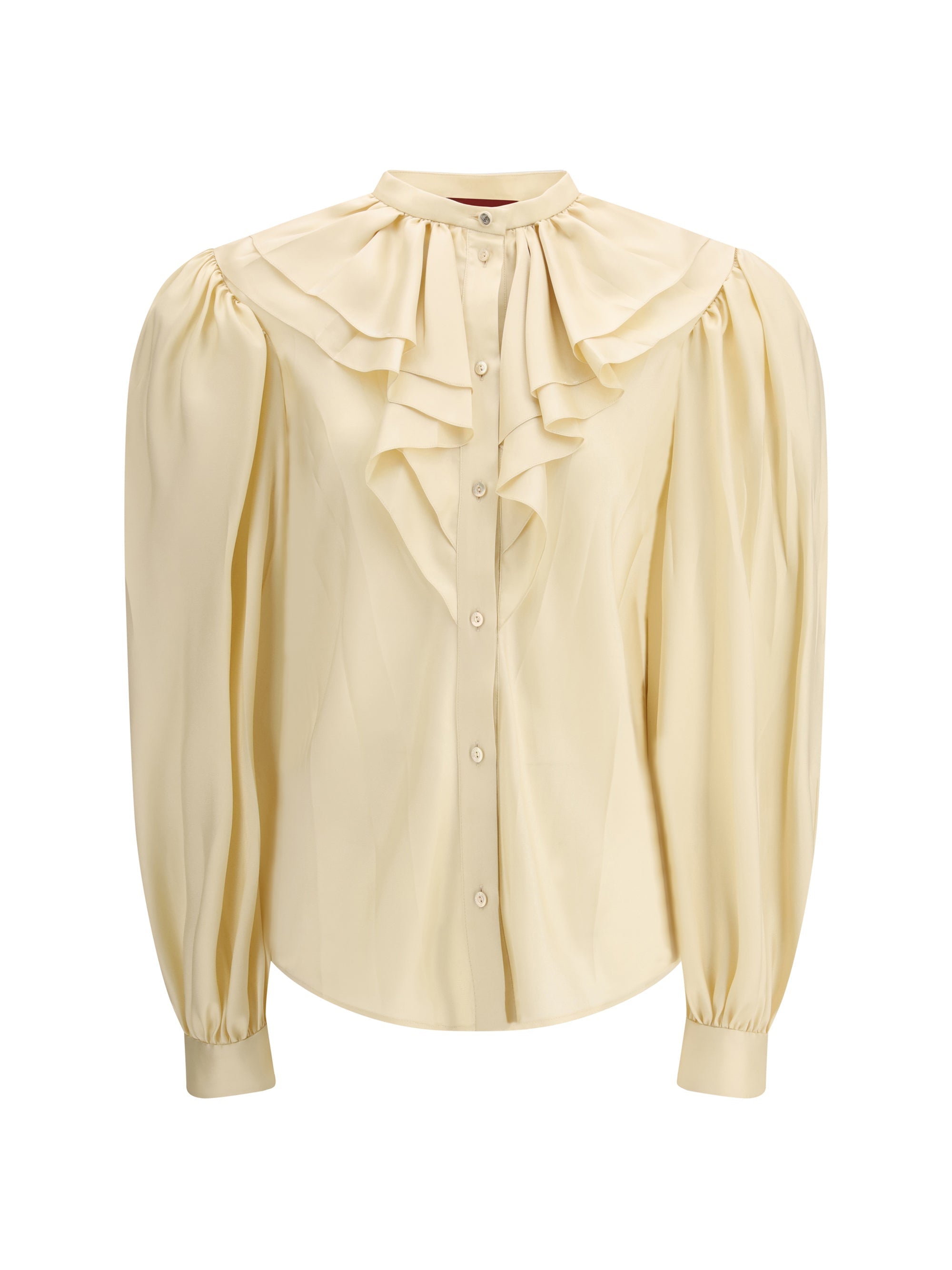 Gucci Silk Twill with Ruffled Collar Shirt — Beige