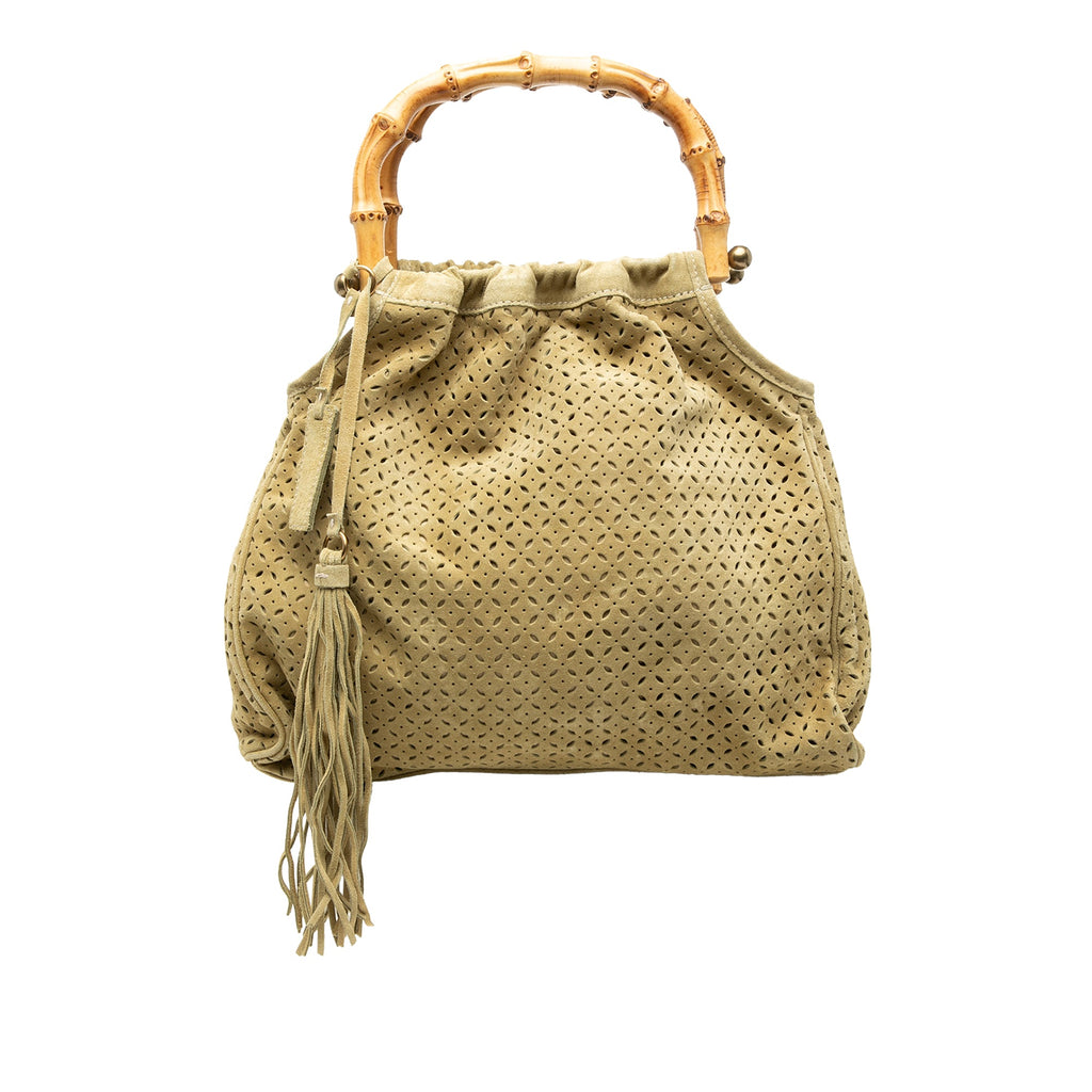 Laser Cut Suede Bamboo Top Handle Bag