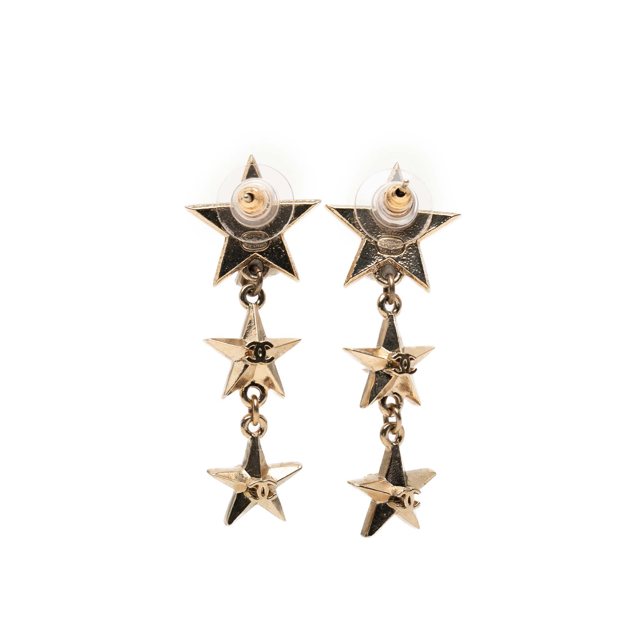 CC Gold Plated Triple Star Drop Bullet Back Earrings
