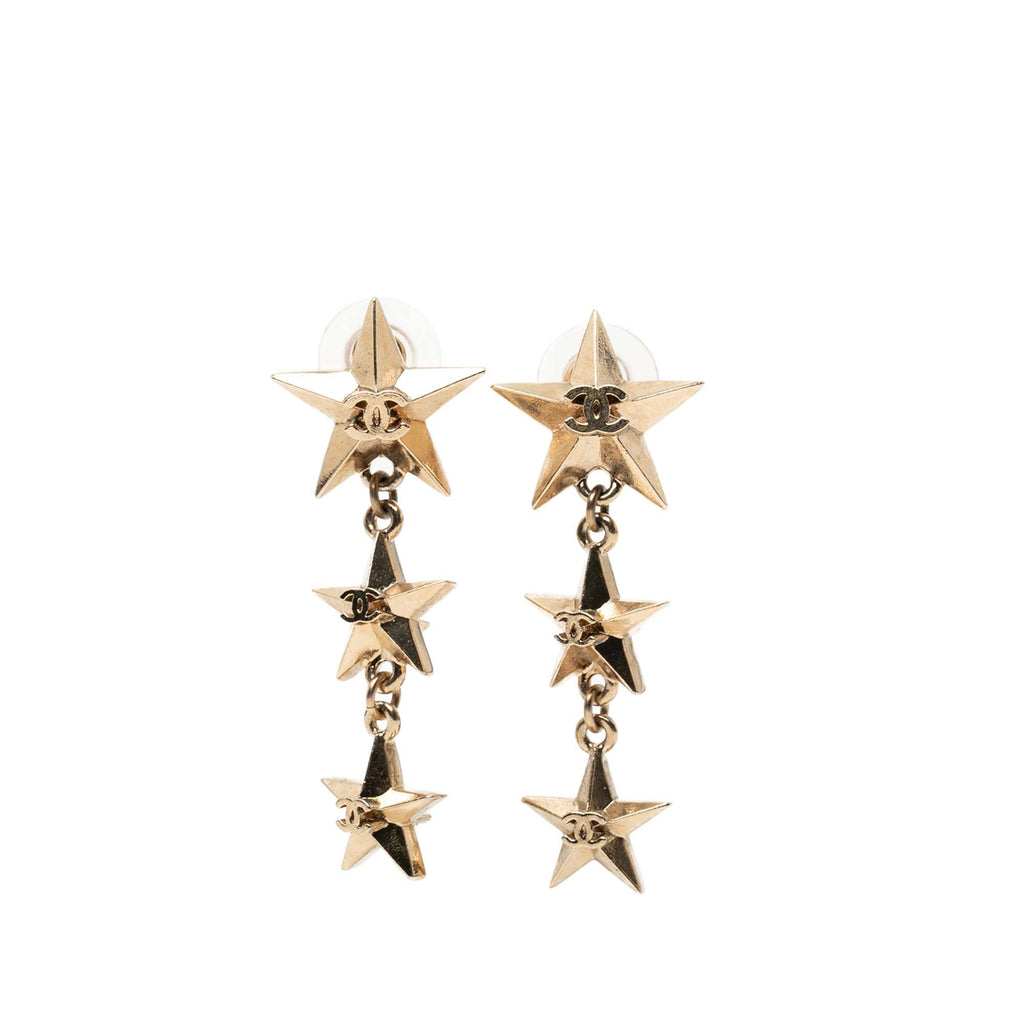 CC Gold Plated Triple Star Drop Bullet Back Earrings