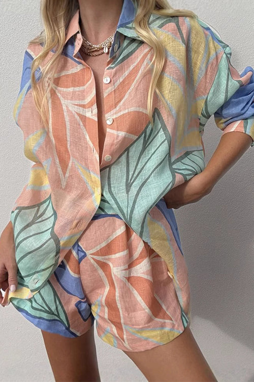 Unique Print Long Sleeves Button Up Shirt and Pocketed Shorts Linen Set