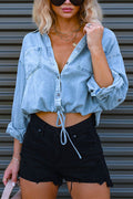 Long Sleeves Drawstring Hem Cropped Denim Shirt