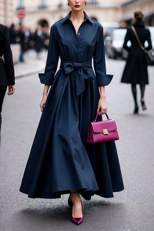 Lapel Long Sleeves Button Up Tie Waist Maxi Dress