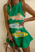Crewneck Sleeveless Fish Print Mini Beach Dress