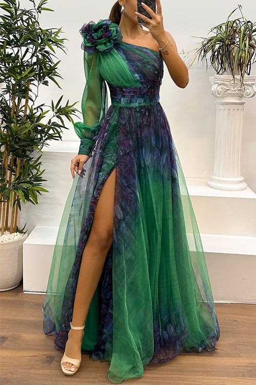 One Shoulder Long Sleeve Mesh Printed Slit Maxi Dress