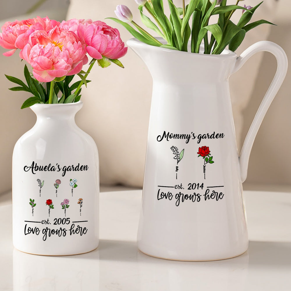 Personalizado Love Grows Here Birth Flower Garden Florero de cerámica con título y 1-12 nombres Cumpleaños Día de la Madre Regalo para mamá Abuela