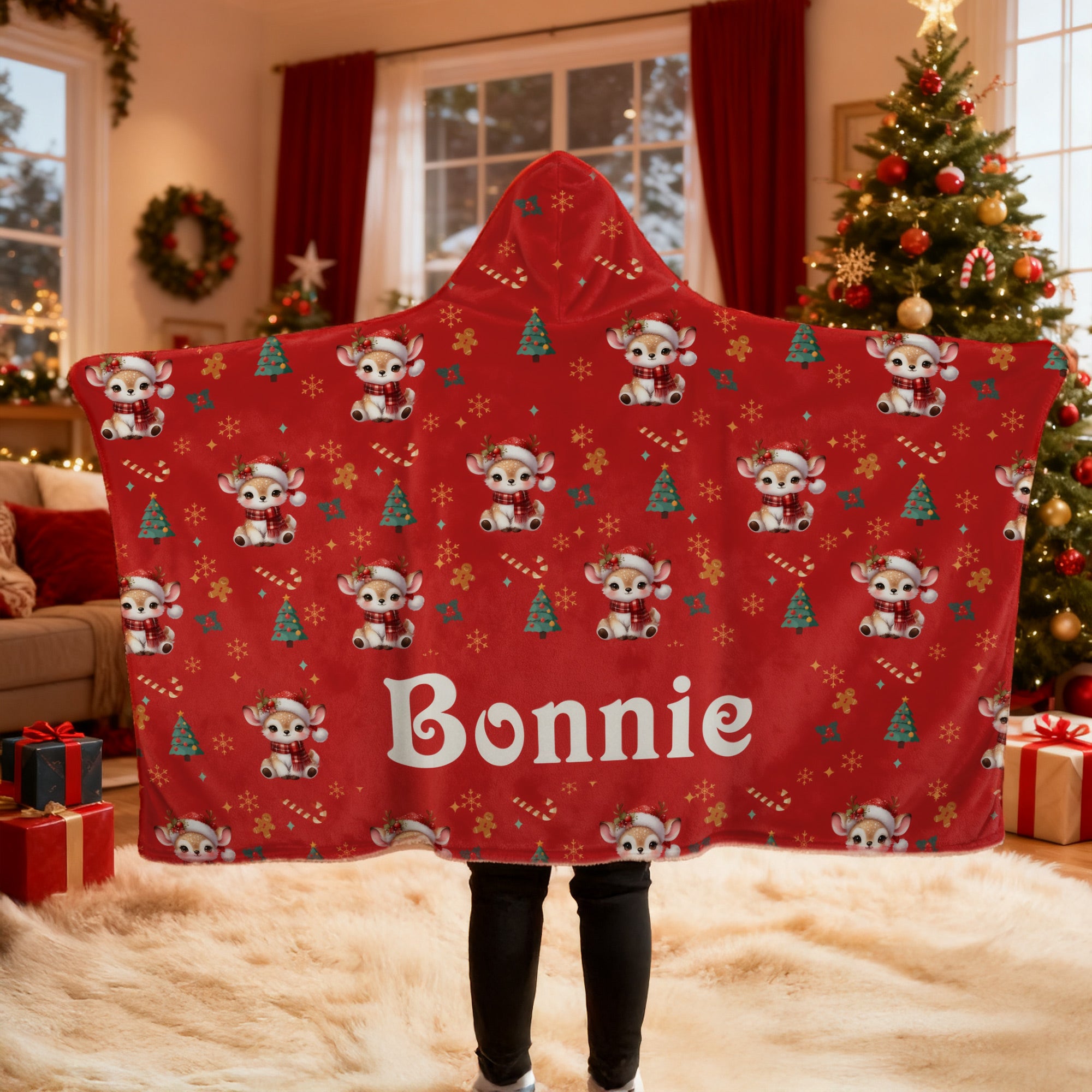 Gorro de Papá Noel de Navidad personalizado Manta con capucha suave de animal con nombre Regalo de cumpleaños de Navidad para niños Niñas