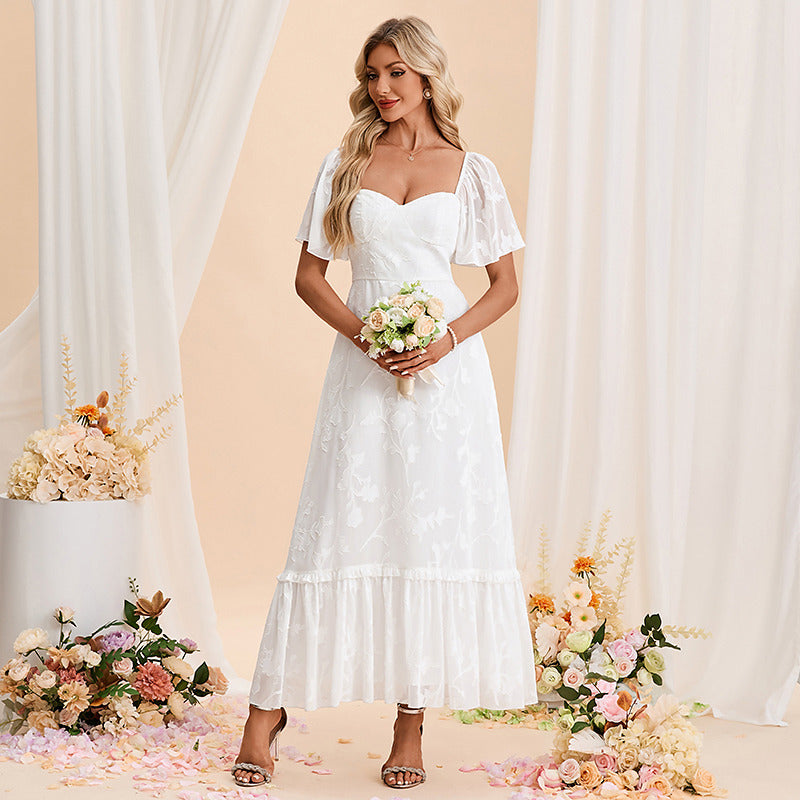 Bridal Wedding Dress White Short Sleeve Long Sweetheart A-line Chiffon