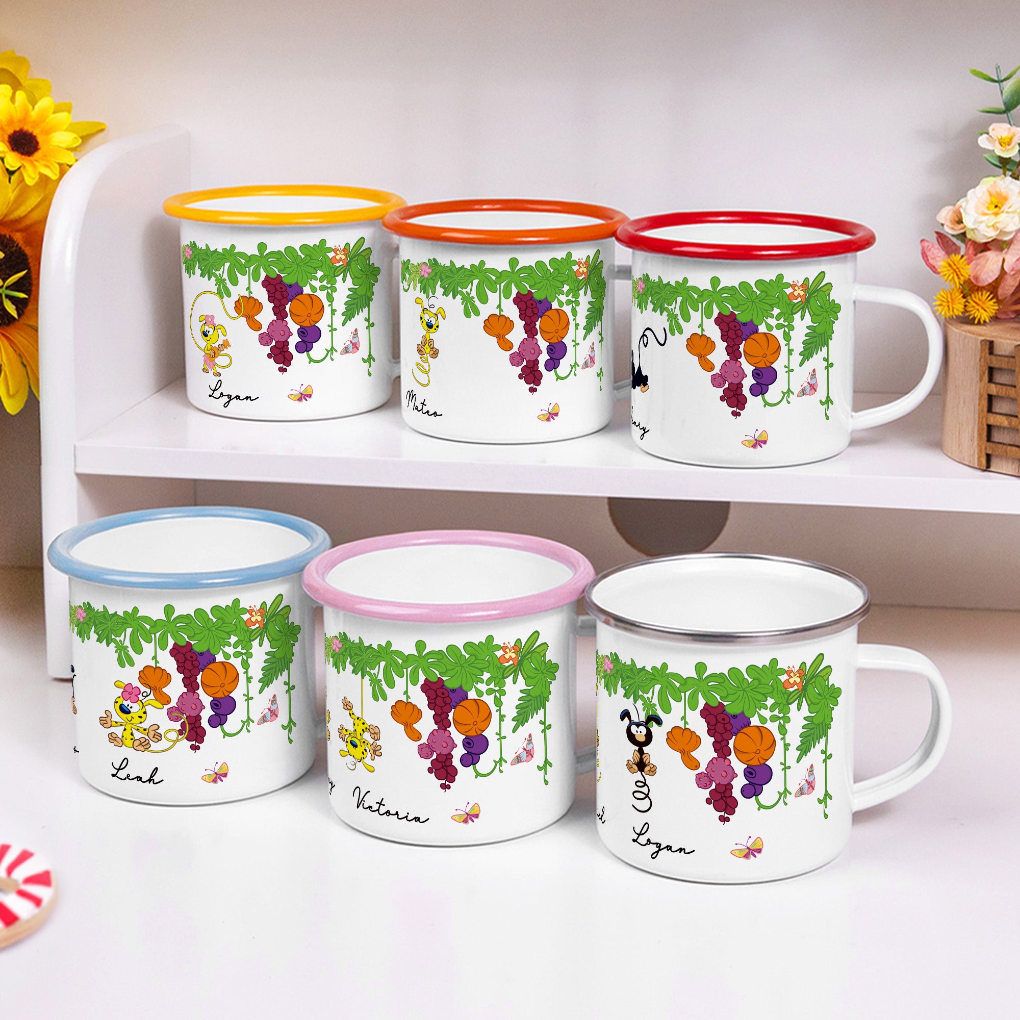 Taza esmaltada multicolor de 12 onzas del lindo Marsupilami de cola larga con nombre Uso diario Actividades al aire libre Regalo de cumpleaños para niños | Callie × Marsupilami