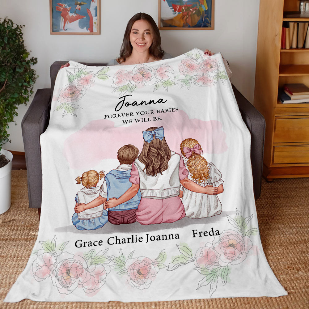 Acuarela personalizada Clavel Madre y 1-3 niños Personaje de dibujos animados Manta suave con nombres Decoración para el hogar Día de la Madre Cumpleaños Regalo para mamá