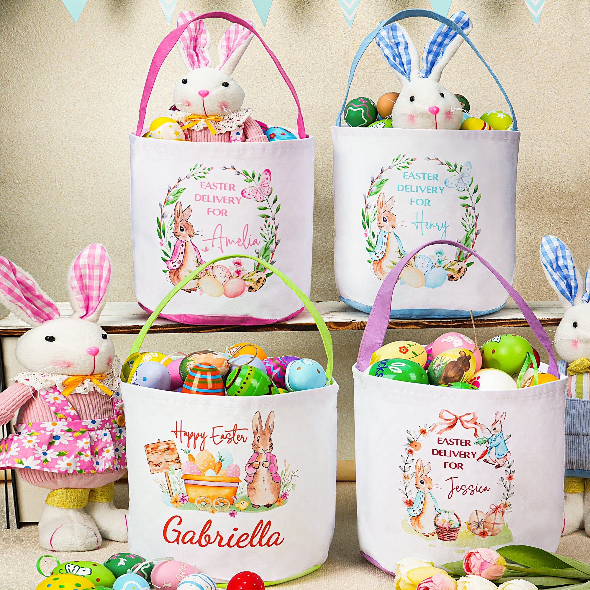 Guirnalda personalizada Lindo Peter Rabbit Cesta de Pascua con nombre y forro de lunares Huevos de caza Fiesta de Pascua Regalo para niños
